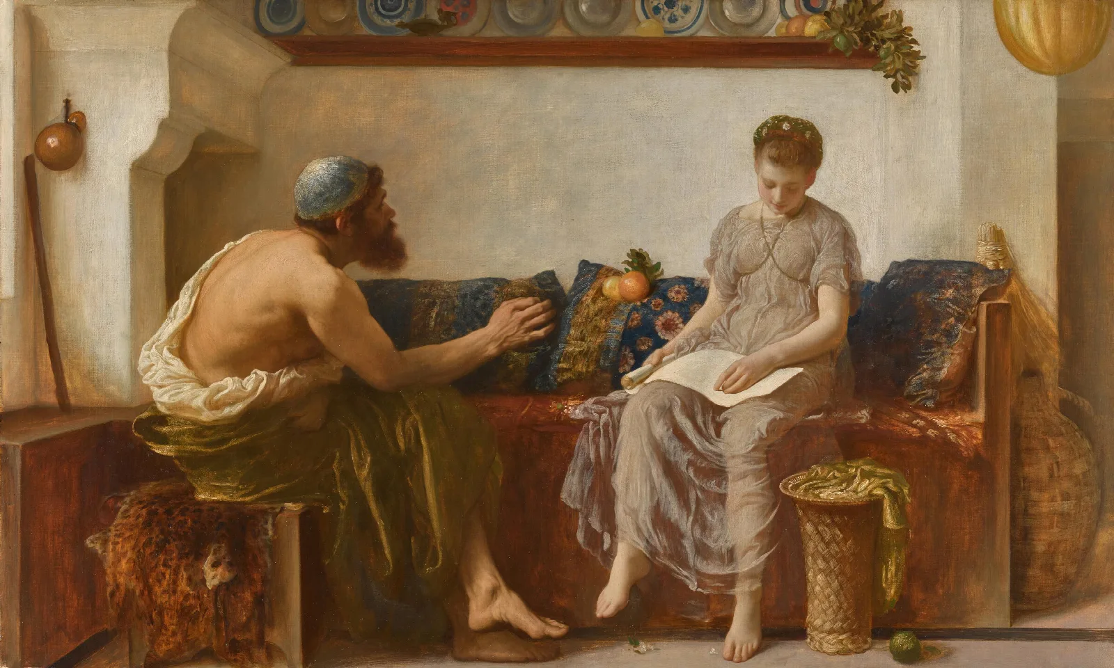 Cleoboulos Instructing His Daughter Cleobouline Wall Art by Frederic Leighton - Canvas Print