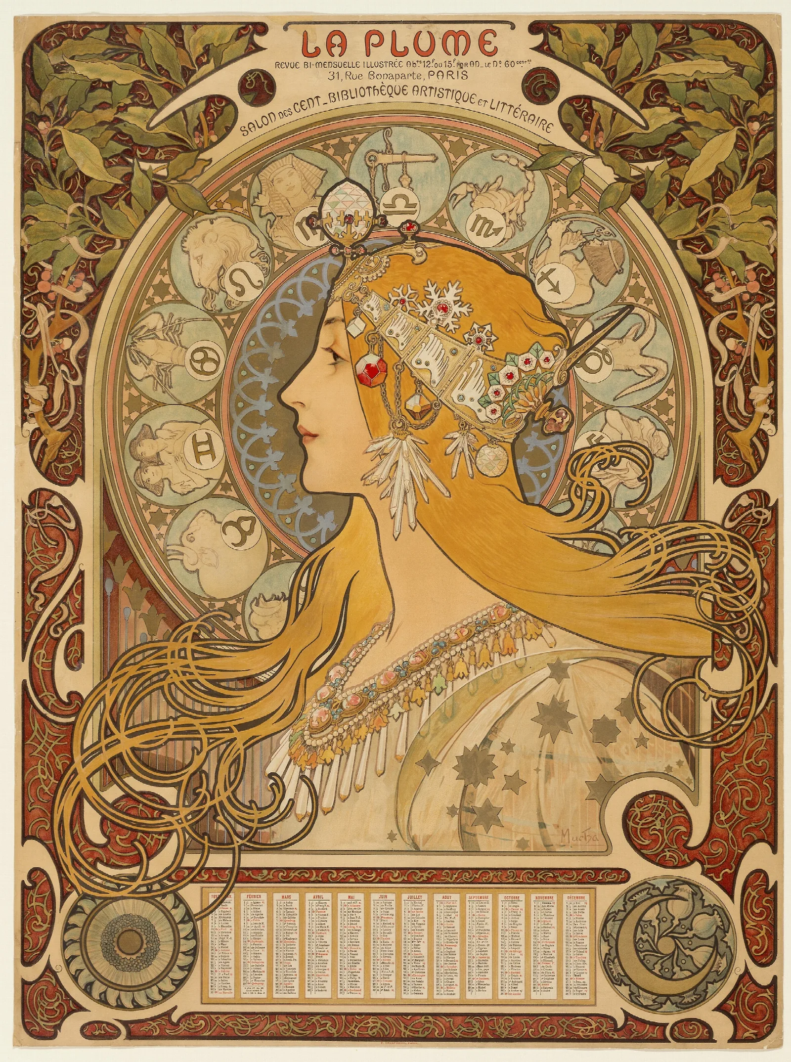 Zodiaque La Plume Wall Art by Alphonse Mucha - Canvas Print