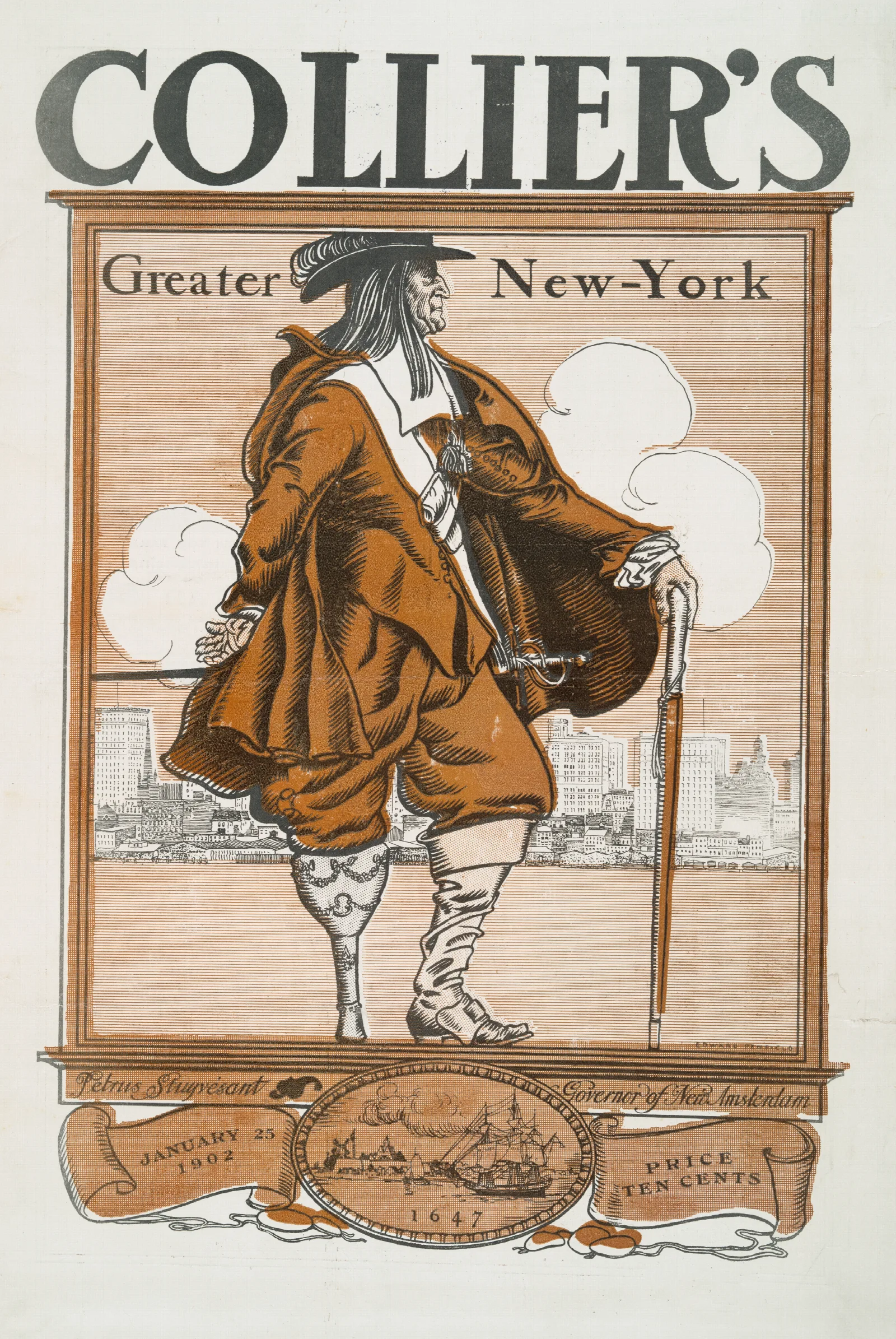 Colliers Greater New York Petrus Stuyvesant Governor Of New Amsterdam 1647 Wall Art by Edward Penfield - Canvas Print
