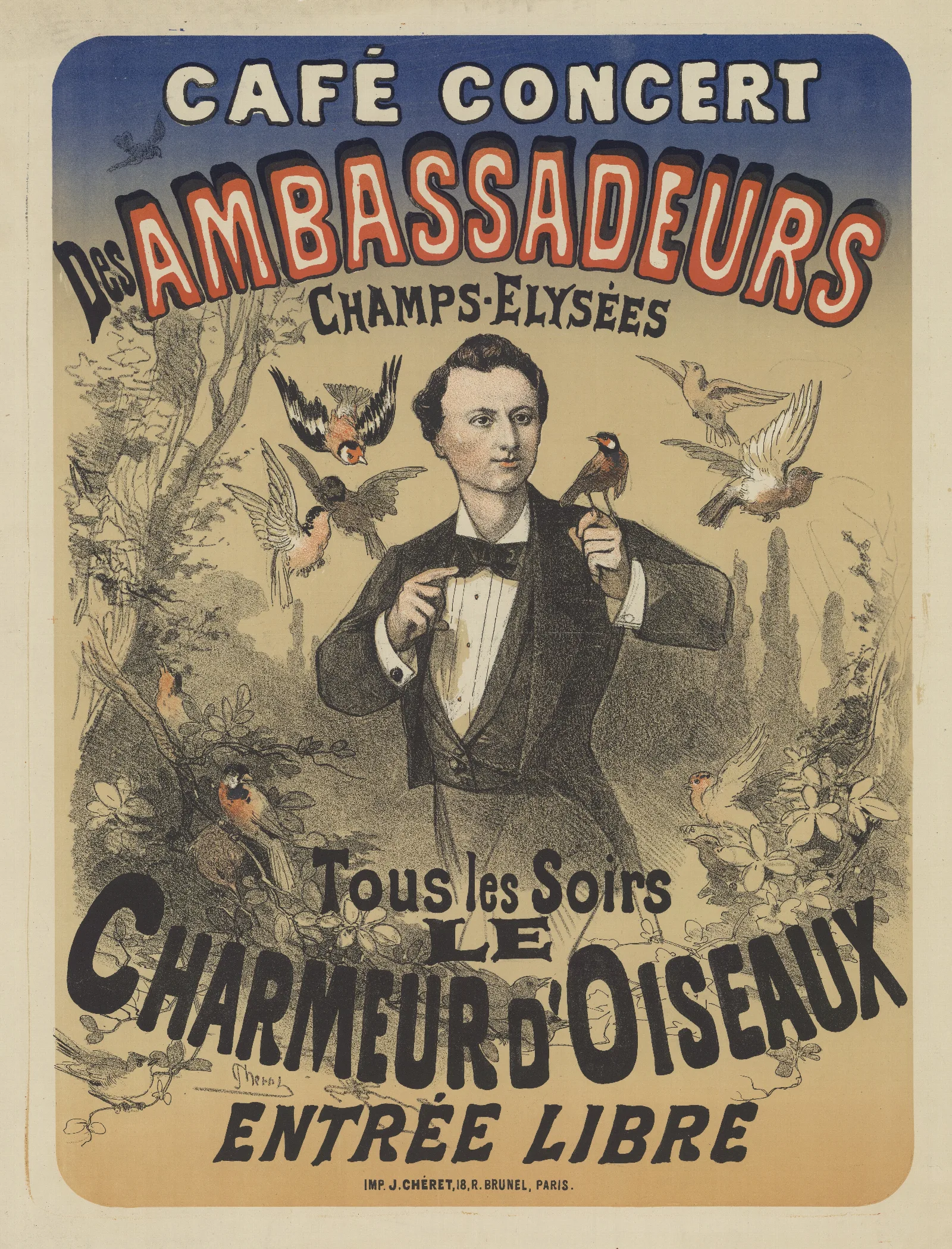 Cafe Concert Des Ambassadeurs Tous Les Soirs Le Charmeur Doiseaux Wall Art by Jules Chéret - Canvas Print