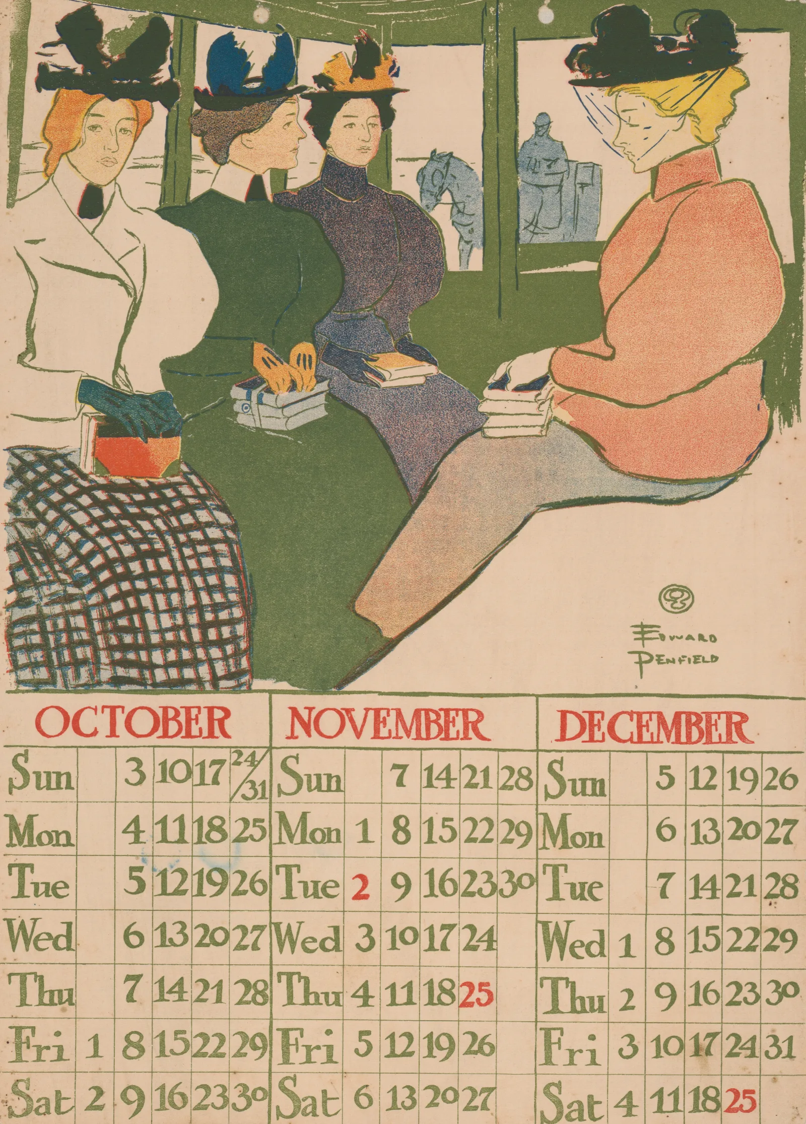 October November December 1897 Calendar Wall Art by Edward Penfield - Canvas Print