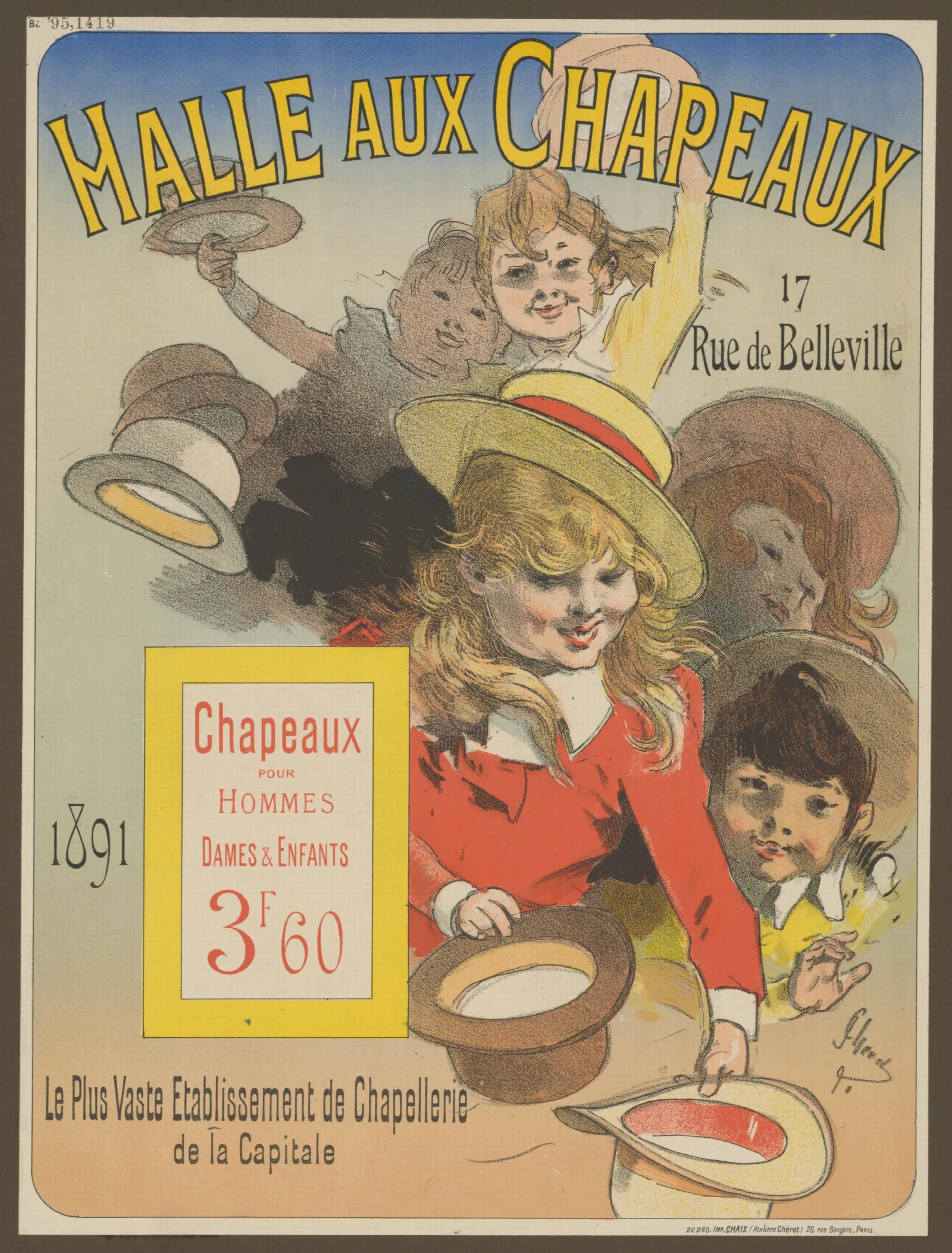 Halle Aux Chapeaux Le Plus Vaste Etablissement De Chapellerie De La Capitale 3 Wall Art by Jules Chéret - Canvas Print