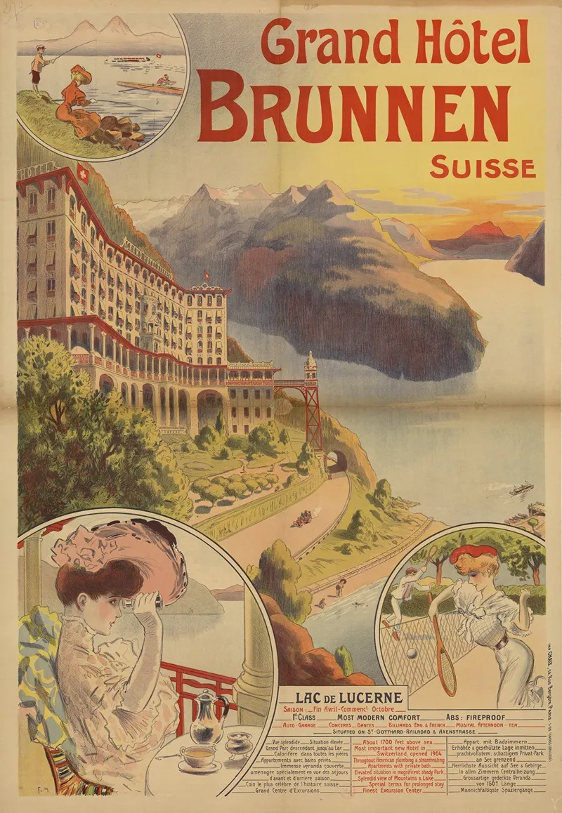 Grand Hotel Brunnen Suisse Lac De Lucerne Vue Splendide Coin Le Plus Celebre De Lhistoire Suisse Wall Art by Georges Meunier - Canvas Print