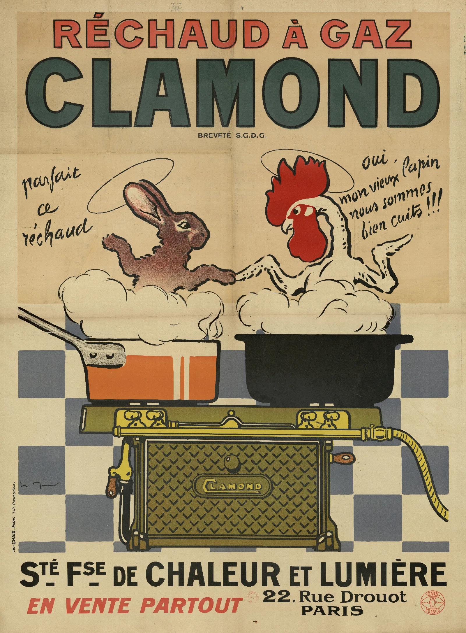 Rechaud A Gaz Clamond Societe Francaise De Chaleur Et Lumiere 22 Rue Drouot Paris Lapin Coq Wall Art by Georges Meunier - Canvas Print