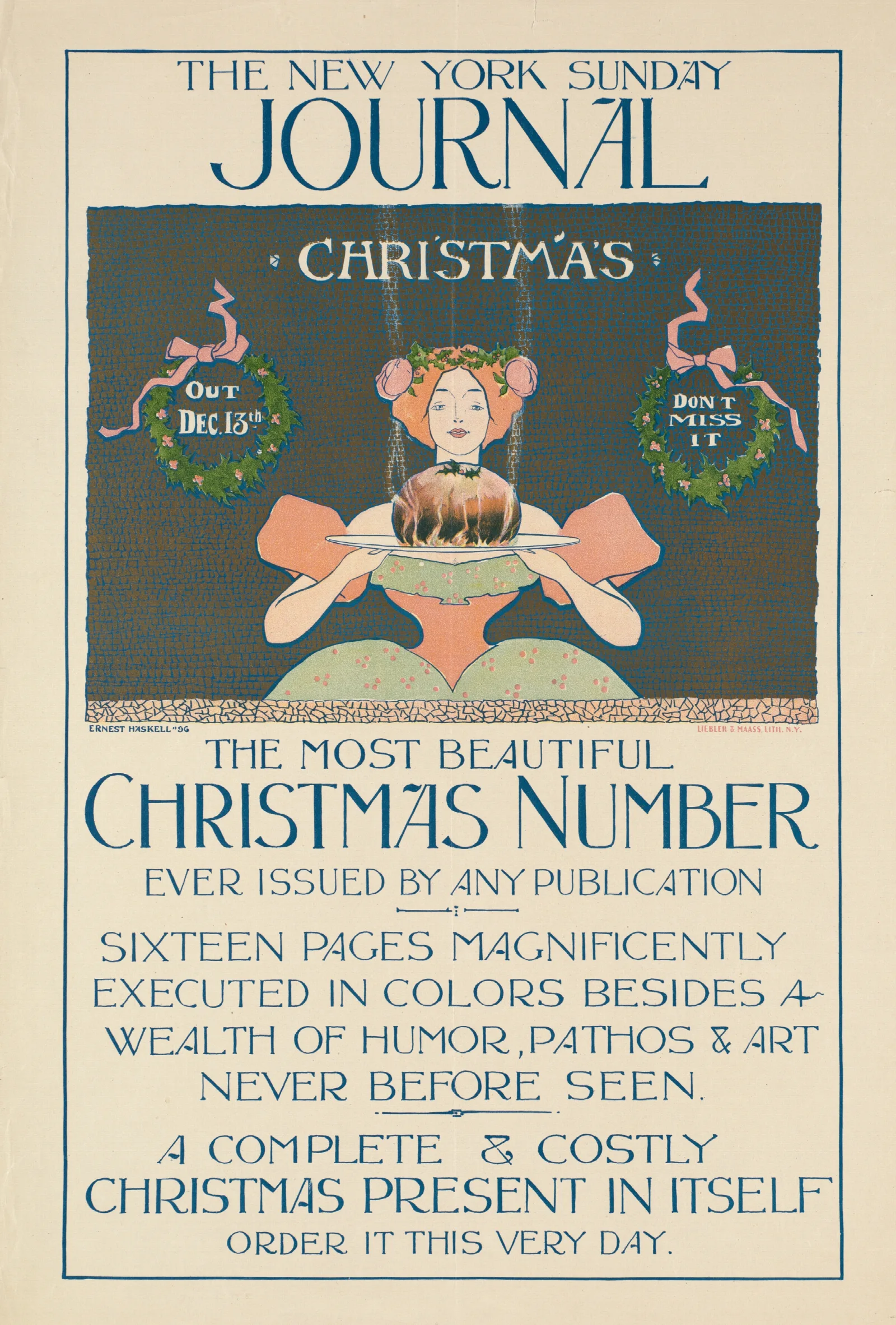 The New York Sunday Journal Christmas Number Wall Art by Ernest Haskell - Canvas Print