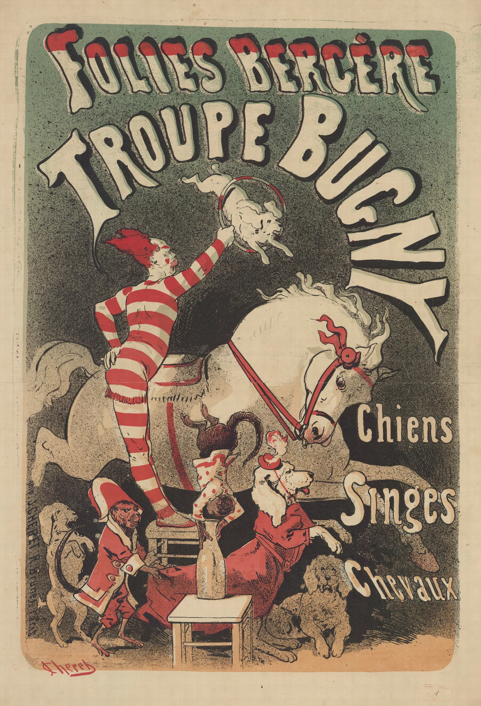 Folies Bergere Troupe Bugny Chiens Singes Chevaux Wall Art by Jules Chéret - Canvas Print