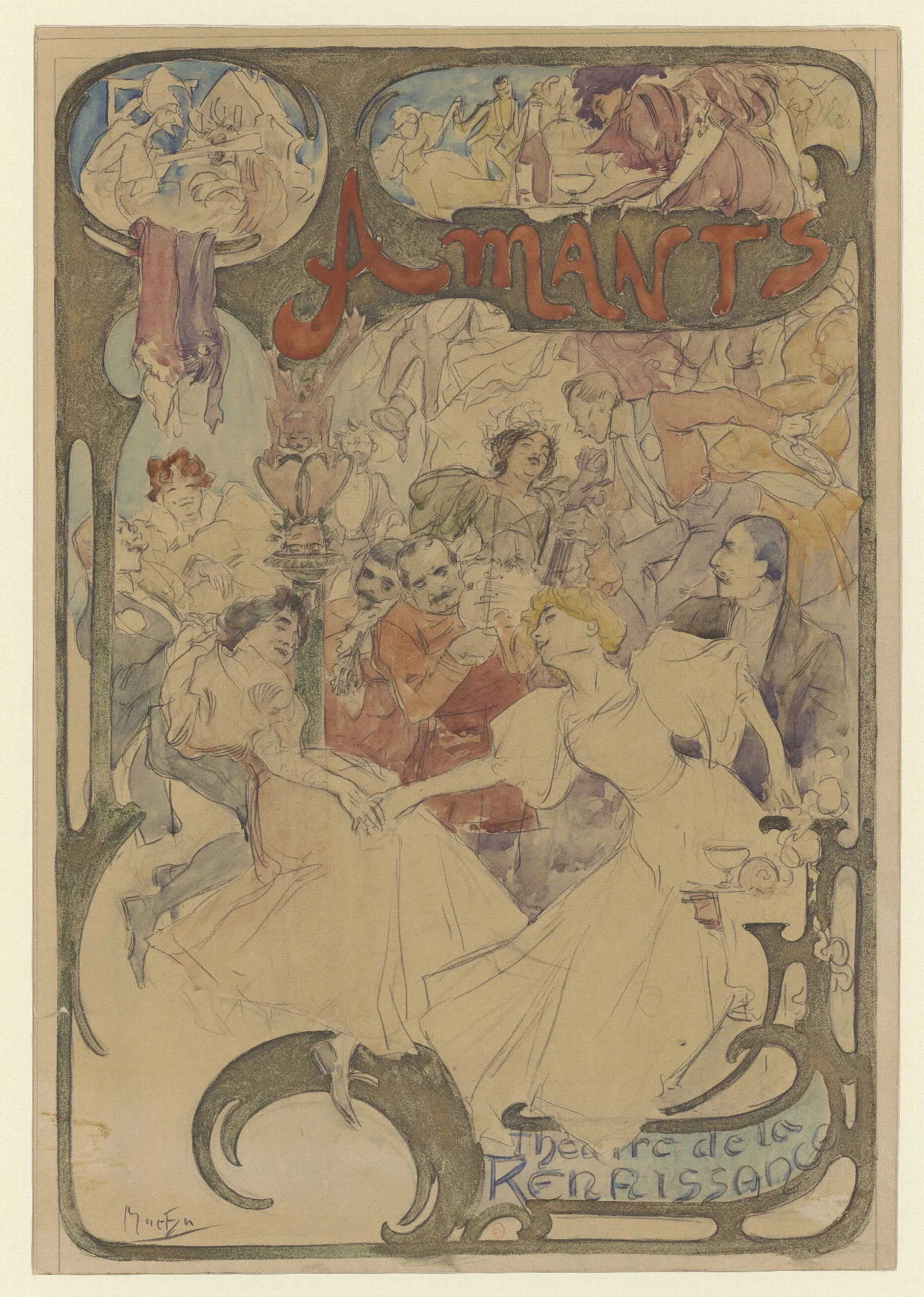 Amants Maquette Daffiche Hommes Et Femme Entourant Des Musiciens Wall Art by Alphonse Mucha - Canvas Print