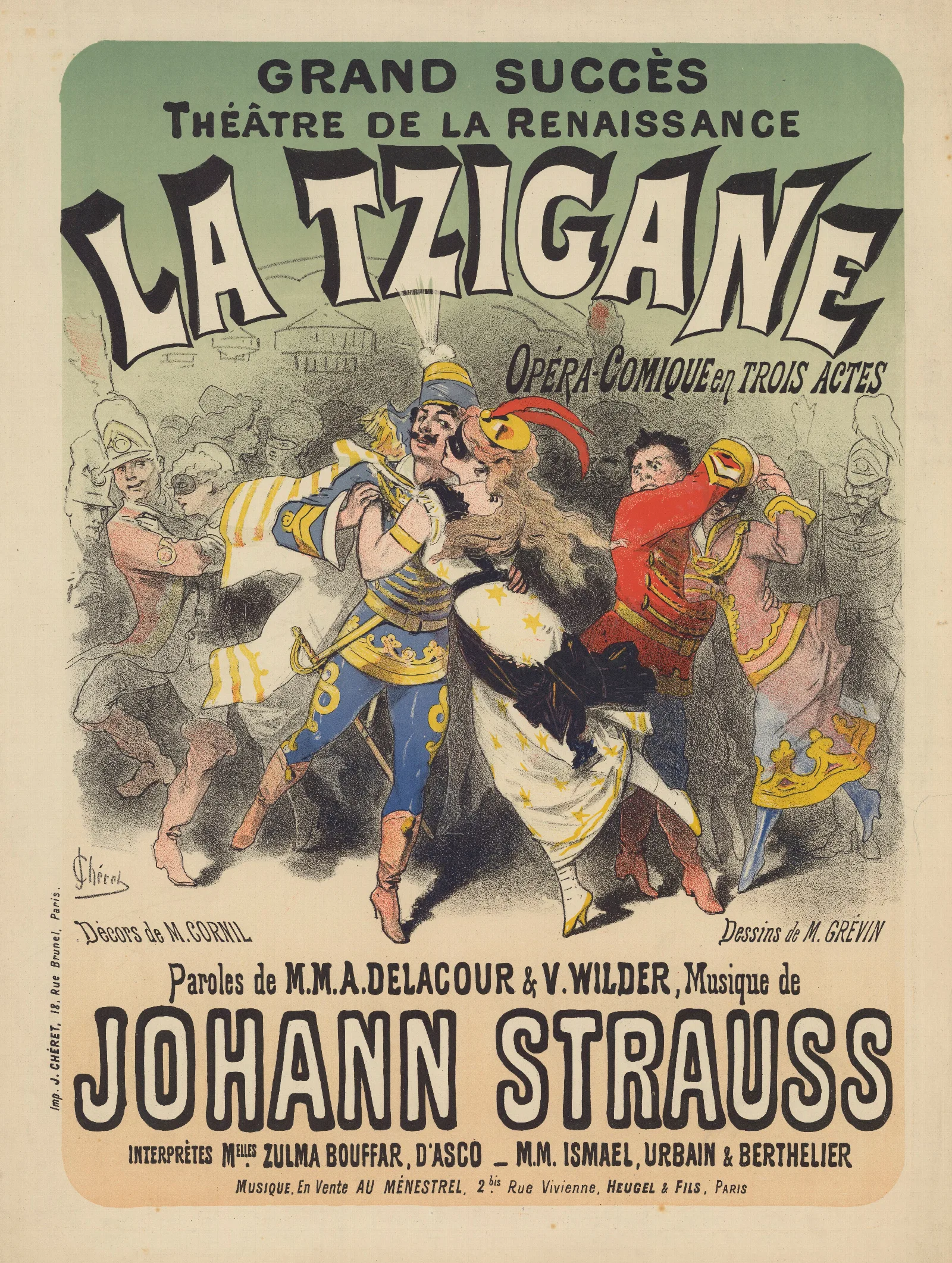 Theatre De La Renaissance La Tzigane Opera Comique En 3 Actes Musique De J Strauss Wall Art by Jules Chéret - Canvas Print