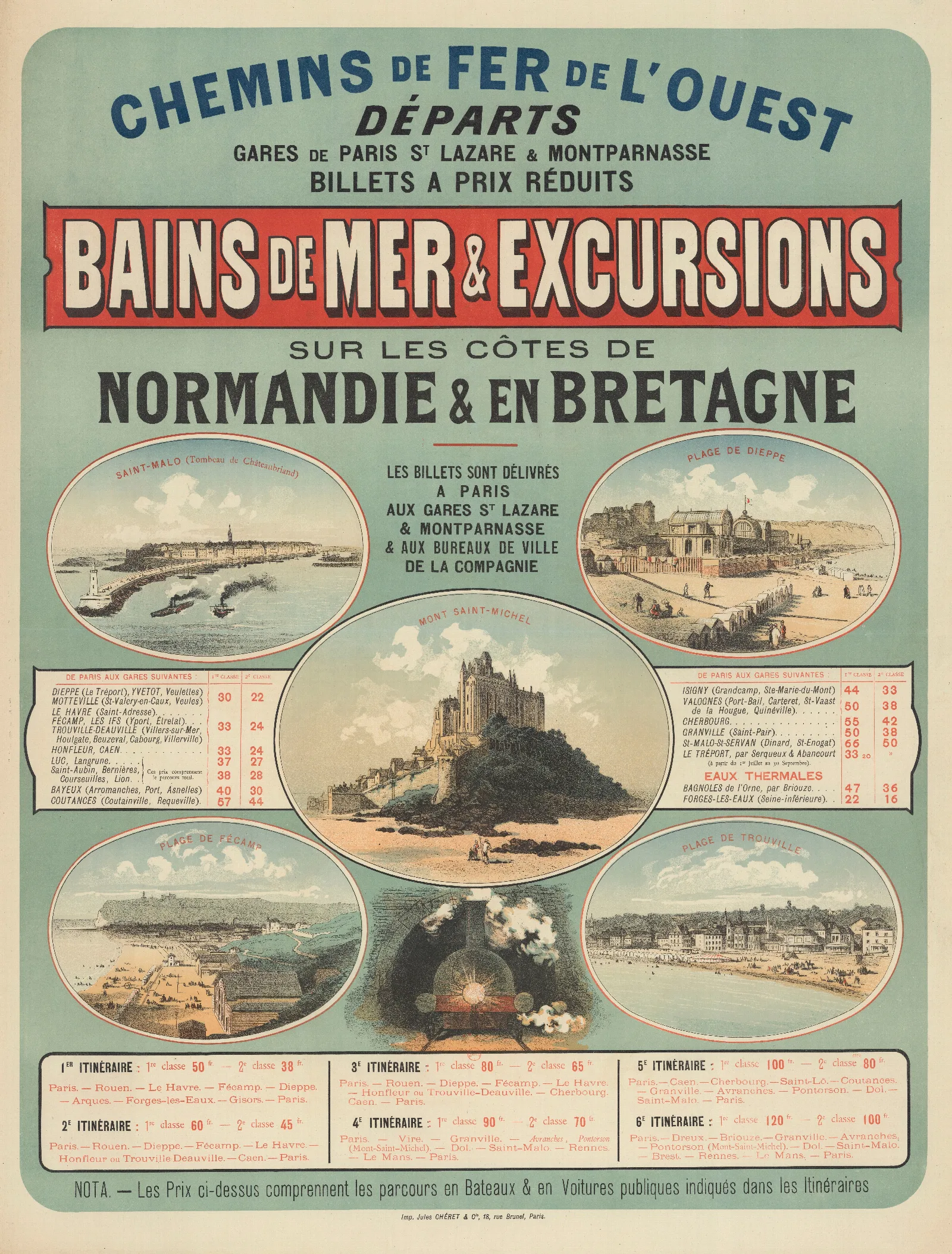 Chemins De Fer De Louest Bains De Mer Excursions Sur Les Cotes De Normandie En Bretagne Wall Art by Jules Chéret - Canvas Print