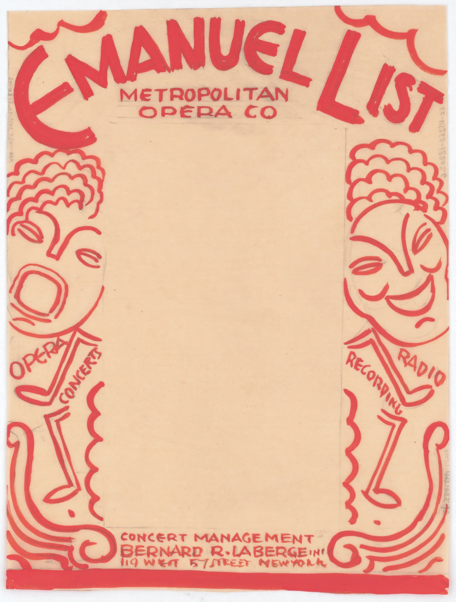 Designs For Promotional Material For Opera Singer Emanuel List Drawing For Brochure Page Wall Art by Winold Reiss - Canvas Print
