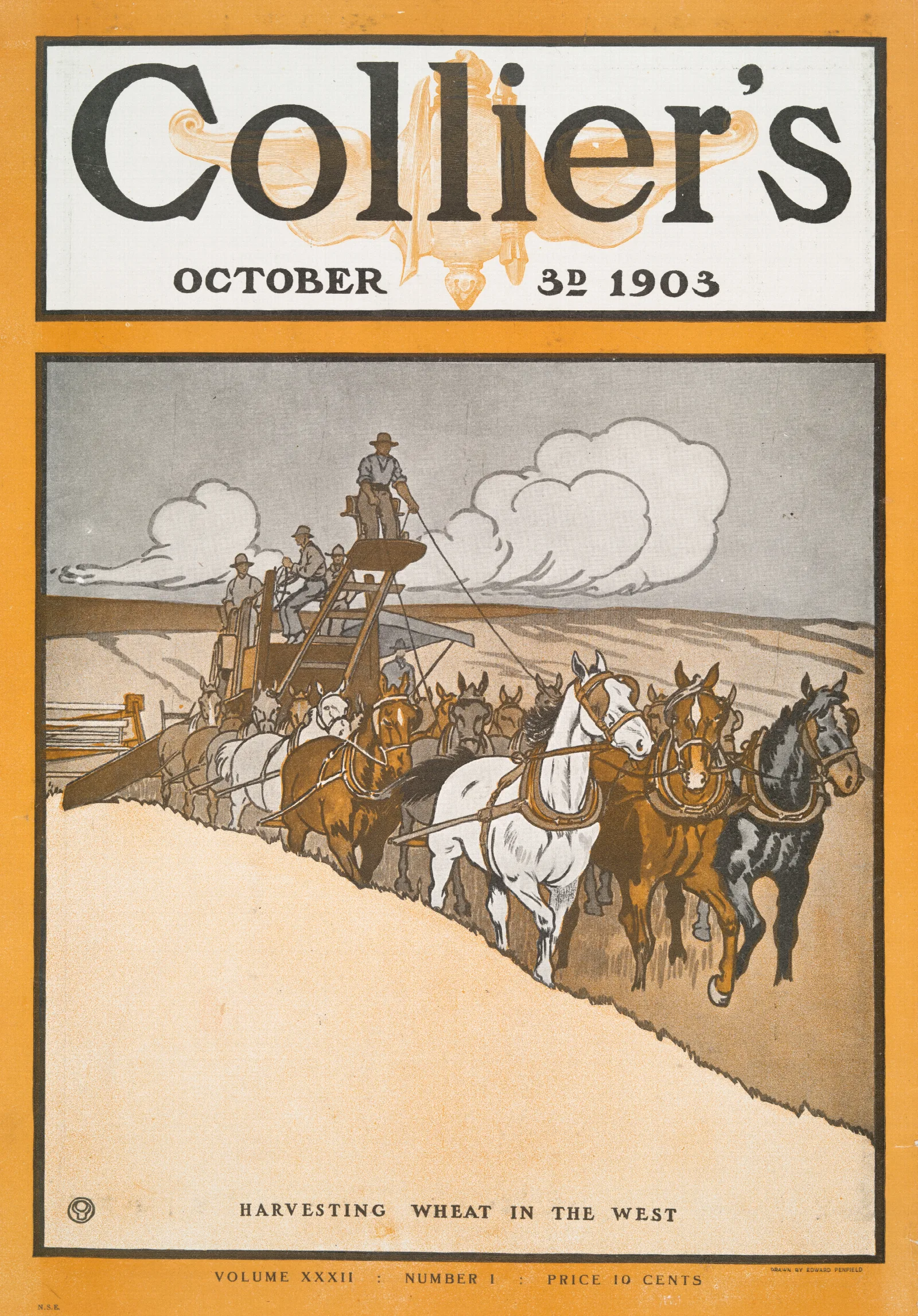 Colliers October 3rd 1903 Harvesting Wheat In The West Wall Art by Edward Penfield - Canvas Print