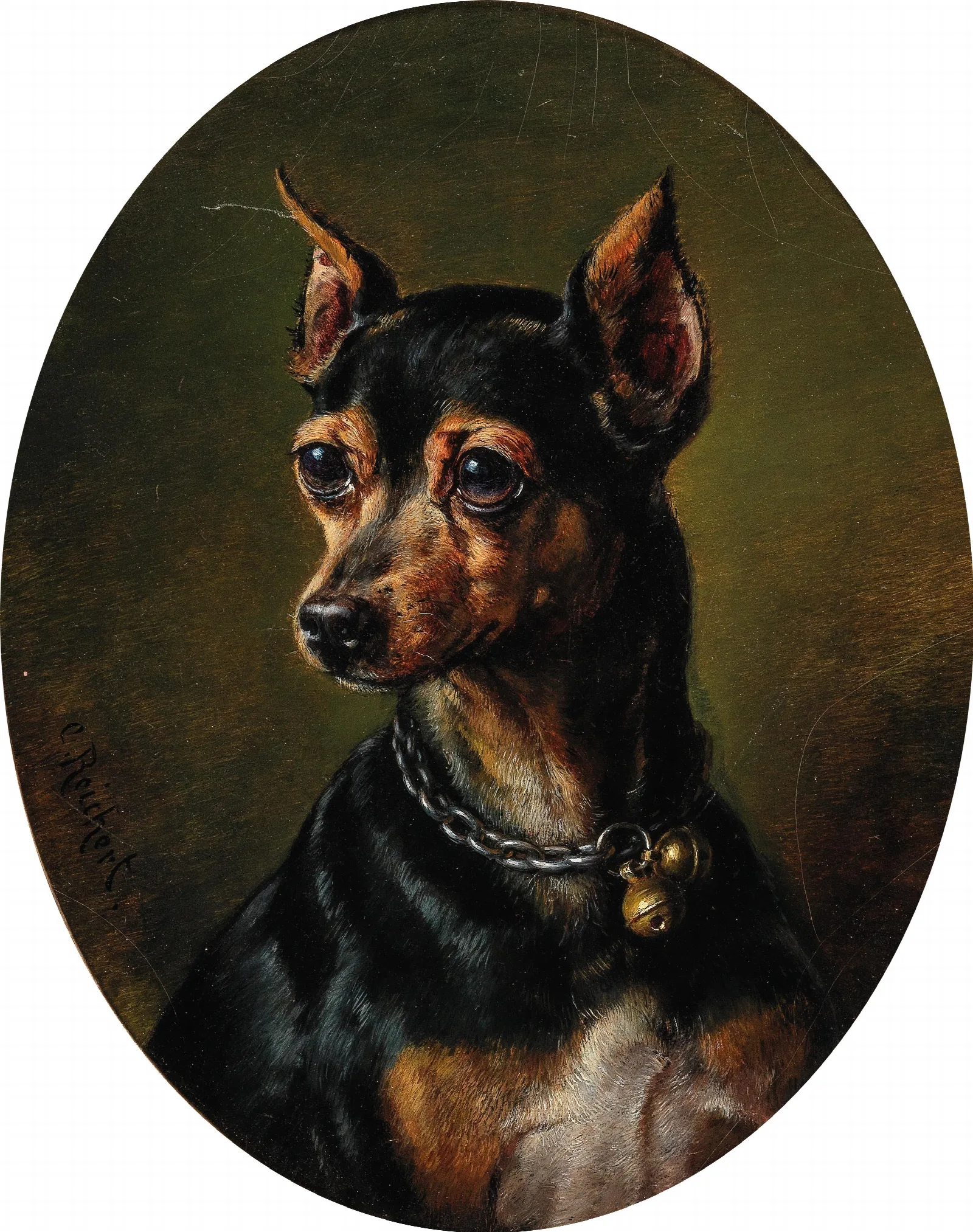 Pinscher In Collar With Bells Wall Art by Carl Reichert - Canvas Print