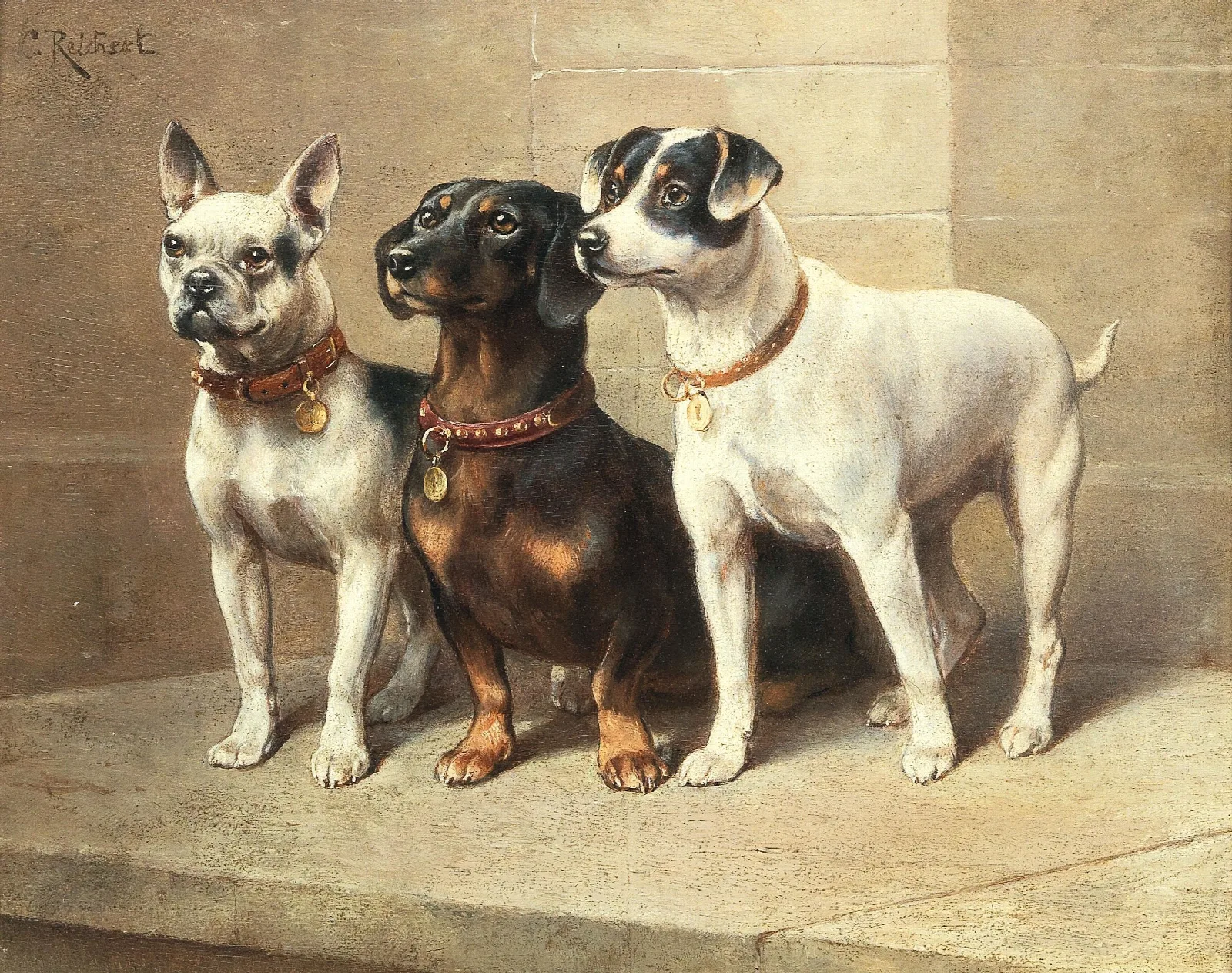 Three Watchful Dogs Wall Art by Carl Reichert - Canvas Print