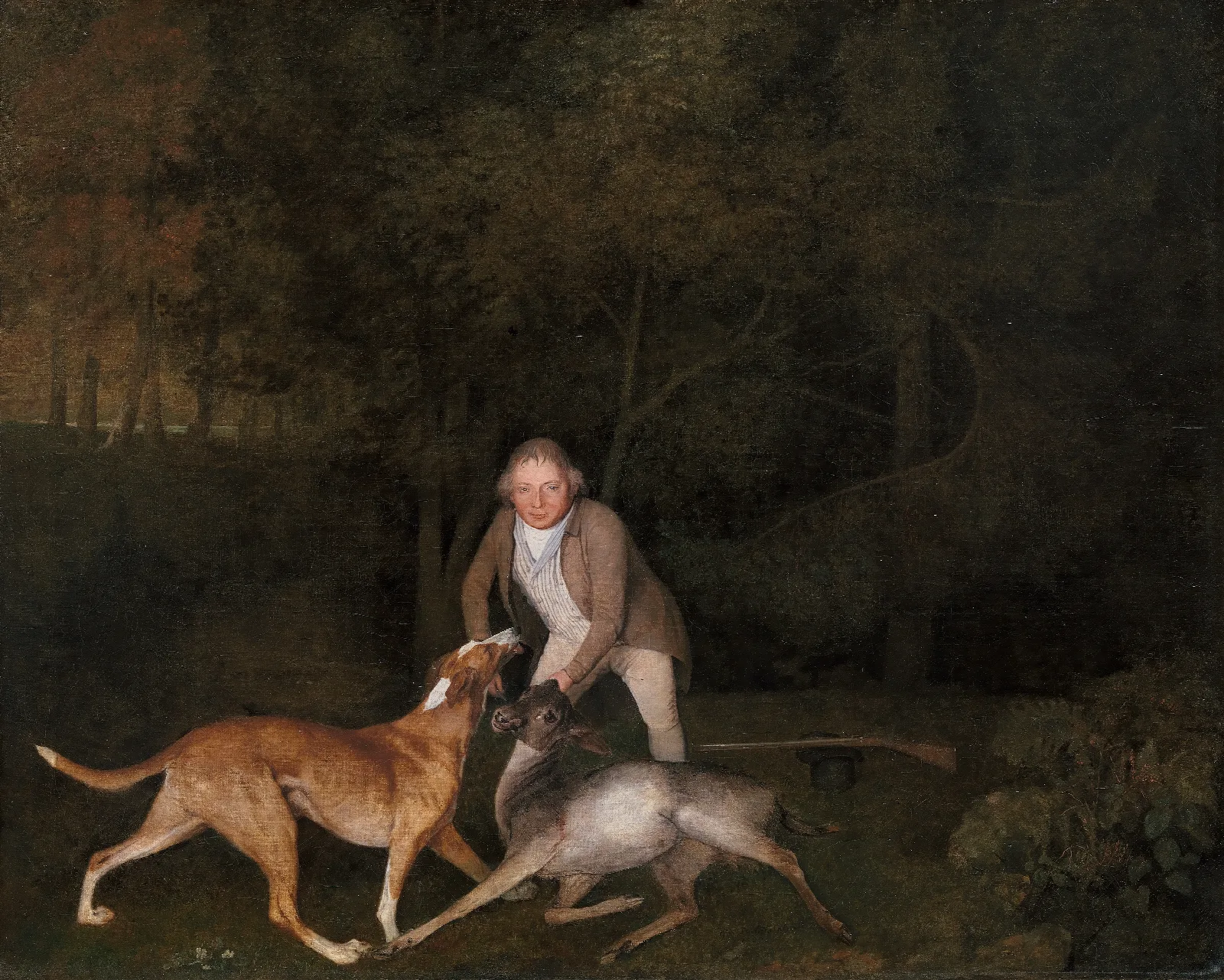 Freeman The Earl Of Clarendons Gamekeeper With A Dying Doe And Hound Wall Art by George Stubbs - Canvas Print