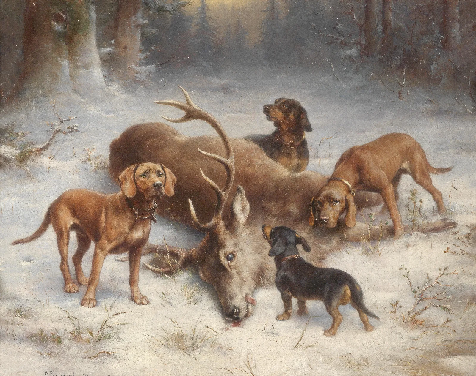 Schweishunde Mit Erlegtem Hirsch Wall Art by Carl Reichert - Canvas Print
