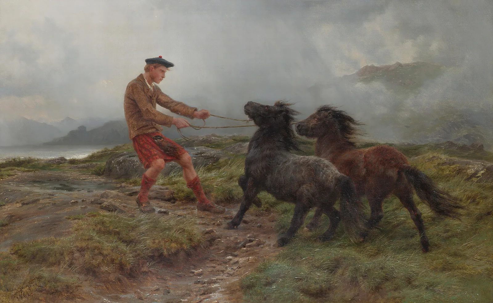 A Ghillie And Two Shetland Ponies In A Misty Landscape Wall Art by Rosa Bonheur - Canvas Print
