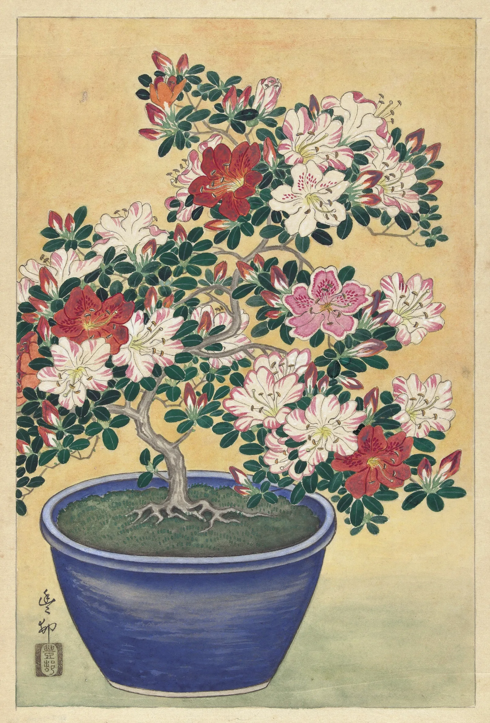 Flowering Azalea In Blue Pot Wall Art by Ohara Koson - Canvas Print