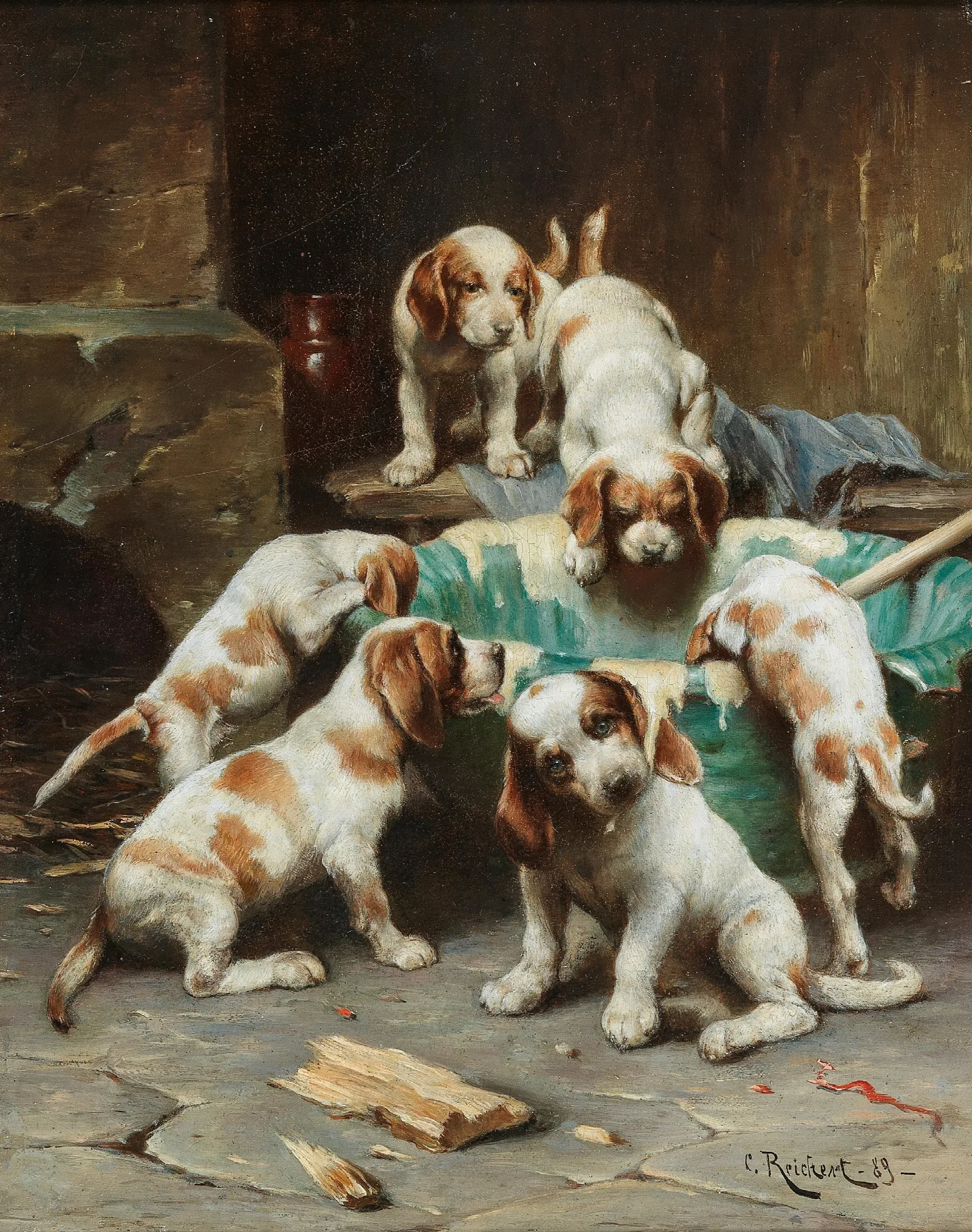 Beagle Puppies Feasting Wall Art by Carl Reichert - Canvas Print
