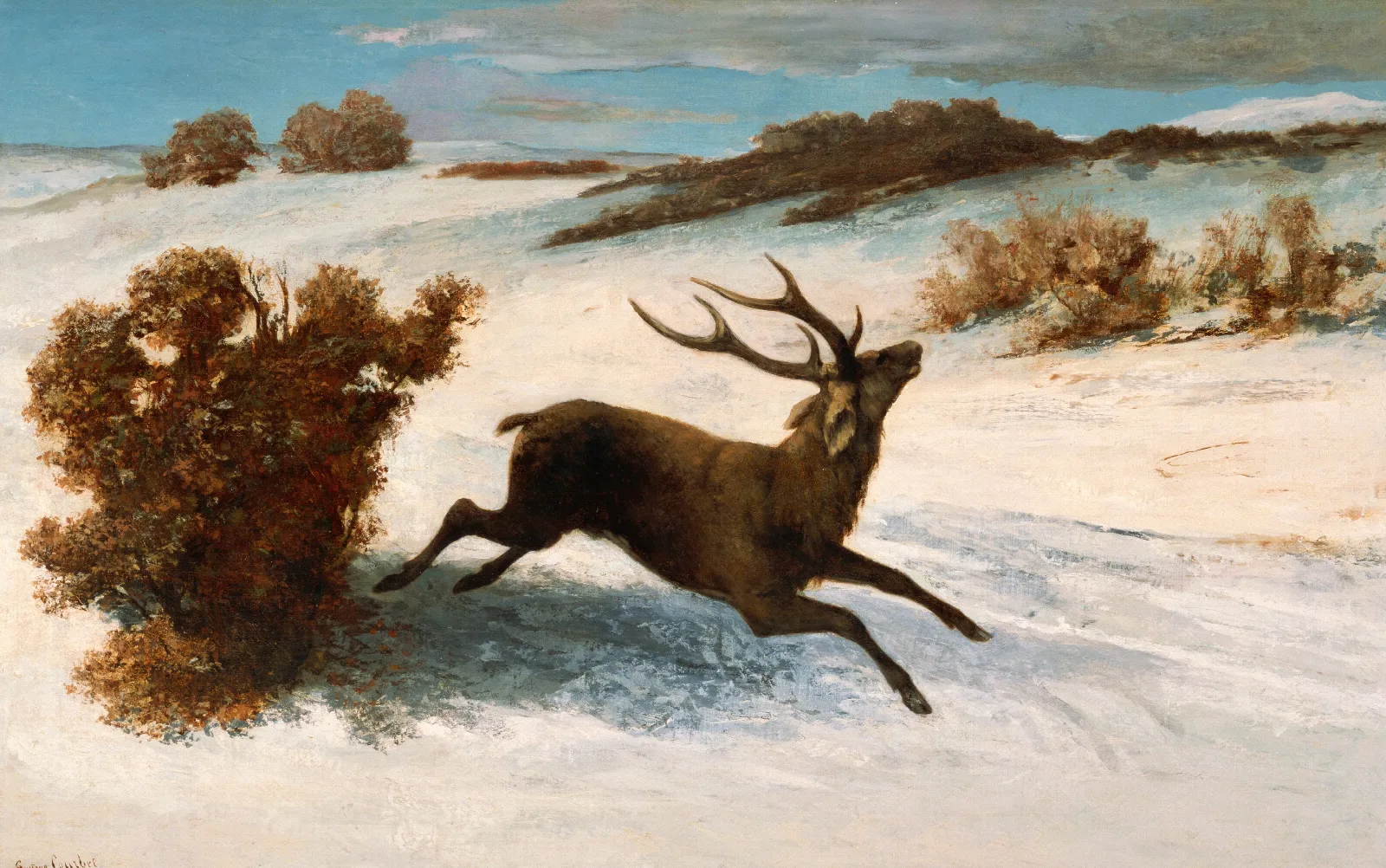 Deer Running In The Snow Wall Art by Gustave Courbet - Canvas Print