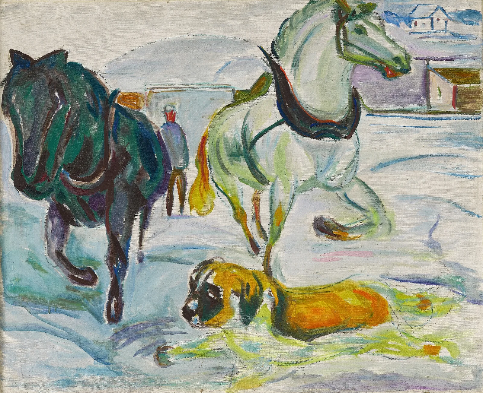 Horse Team And A St Bernhard In The Snow Wall Art by Edvard Munch - Canvas Print