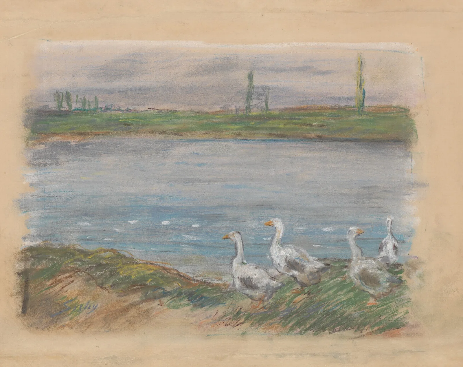 Four Geese By A Pond Wall Art by Alfred Sisley - Canvas Print