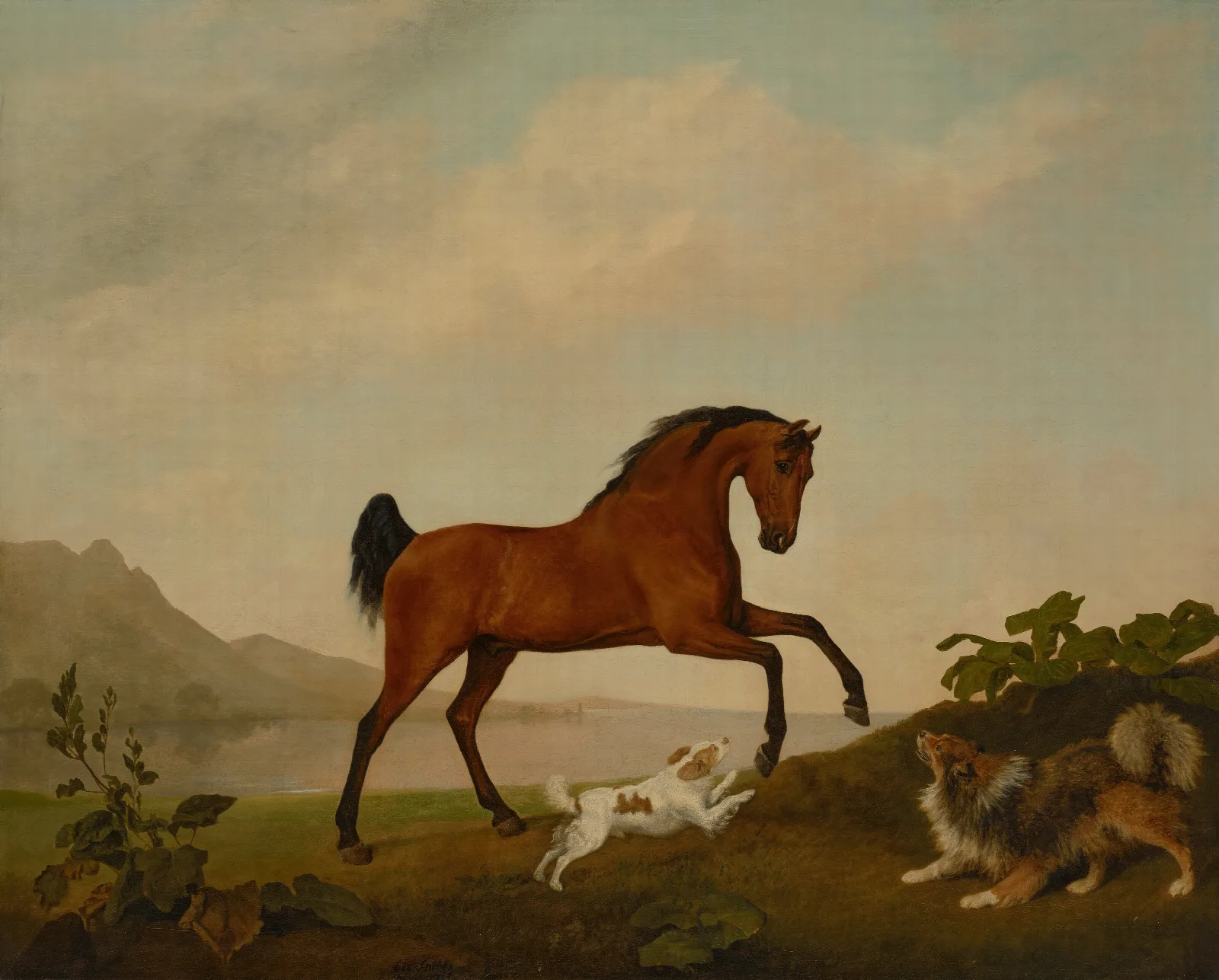 A Prancing Horse With Two Dogs In A Landscape Wall Art by George Stubbs - Canvas Print