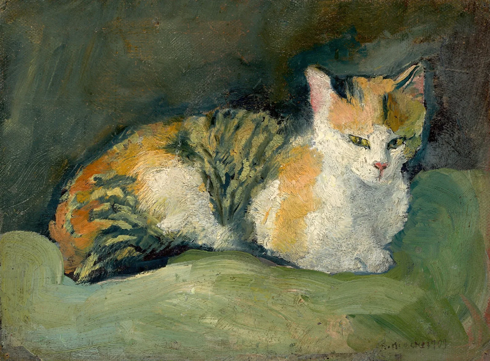 Katze Auf Grunem Kissen I Wall Art by August Macke - Canvas Print
