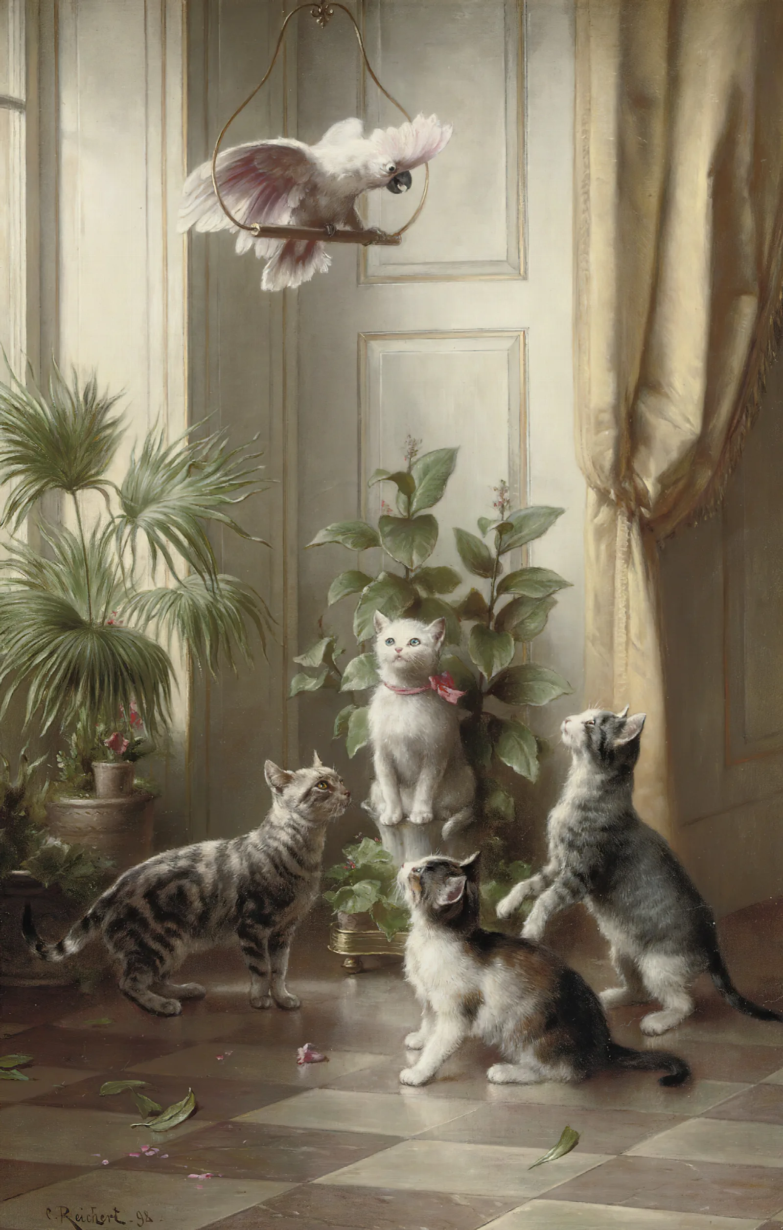 Cats And The Cockatoo Wall Art by Carl Reichert - Canvas Print