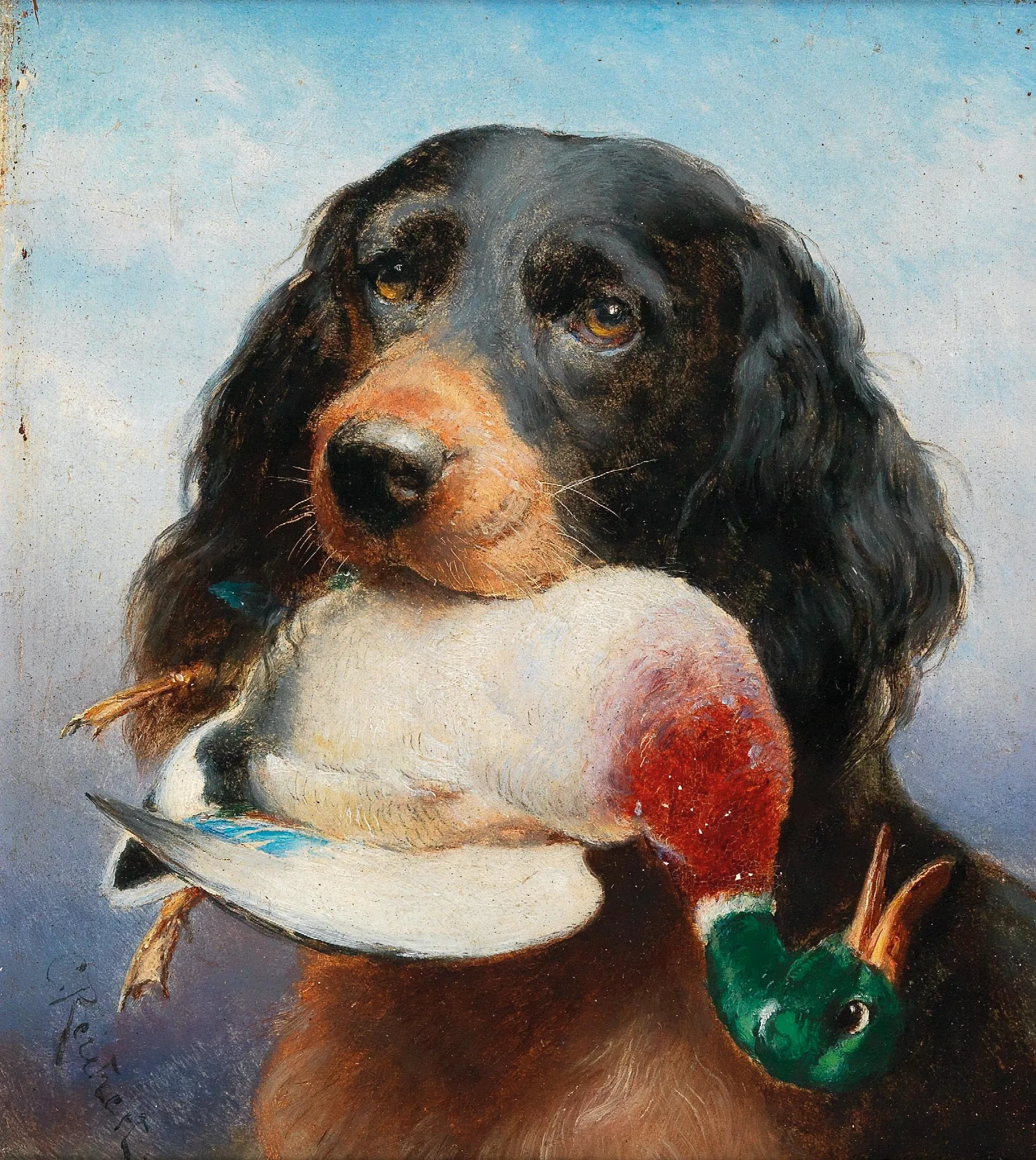 Gordon Setter With Mallard Duck Wall Art by Carl Reichert - Canvas Print