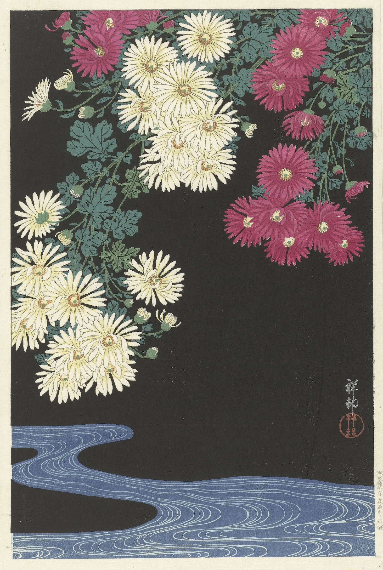 Chrysanthemums And Running Water Wall Art by Ohara Koson - Canvas Print