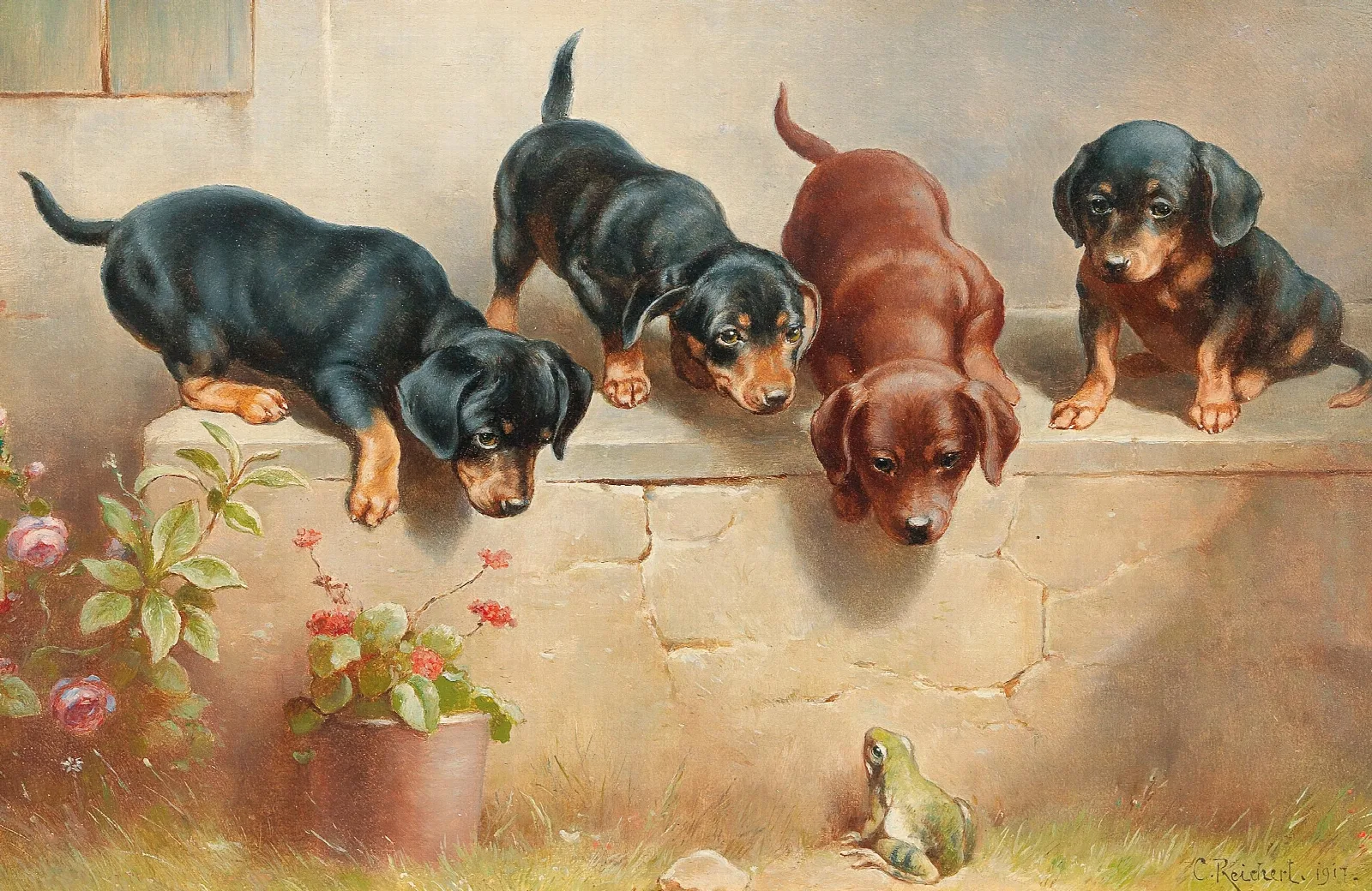 Curious Dachshund Puppies And A Frog Wall Art by Carl Reichert - Canvas Print