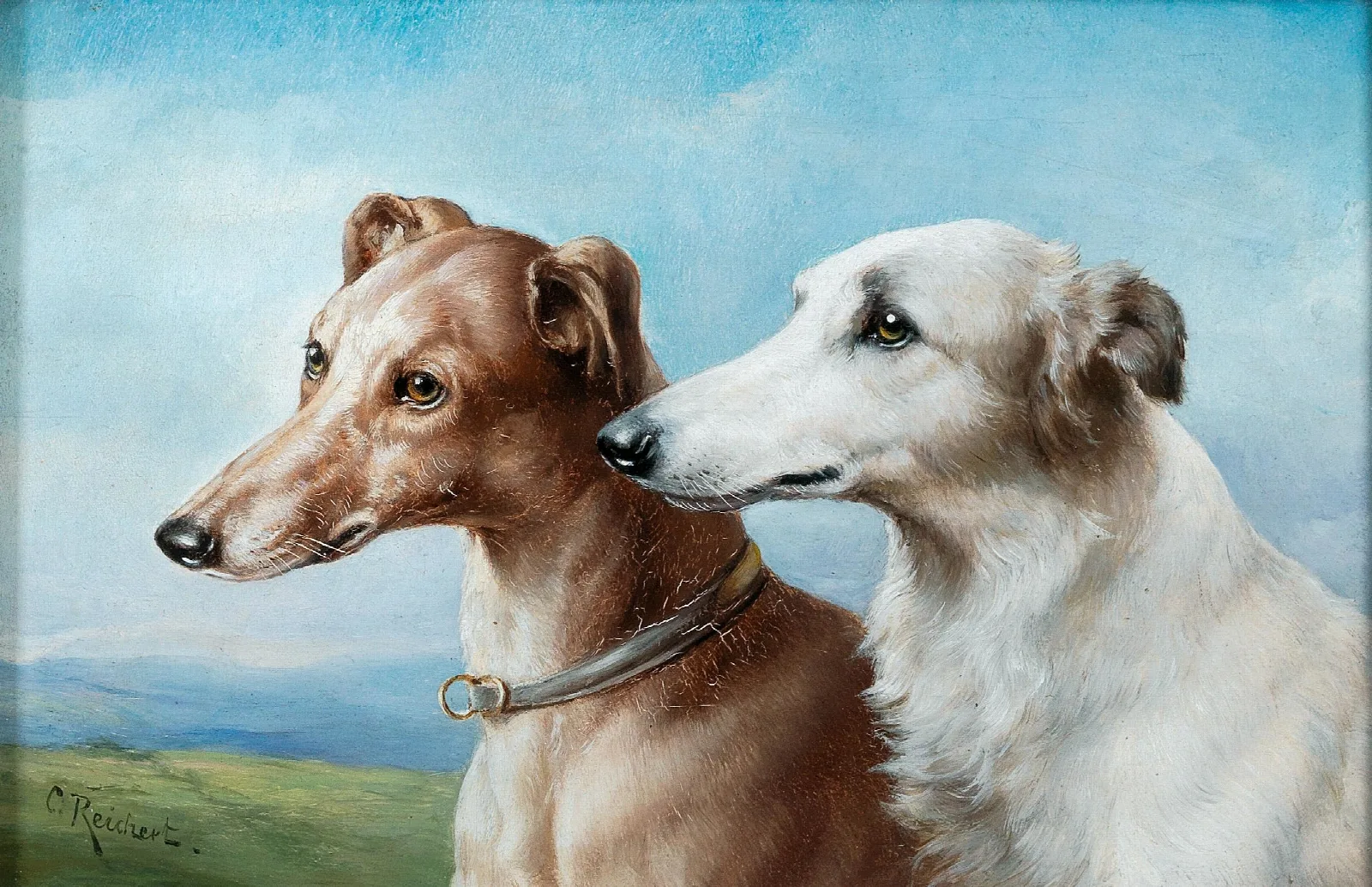 Two Greyhounds Wall Art by Carl Reichert - Canvas Print