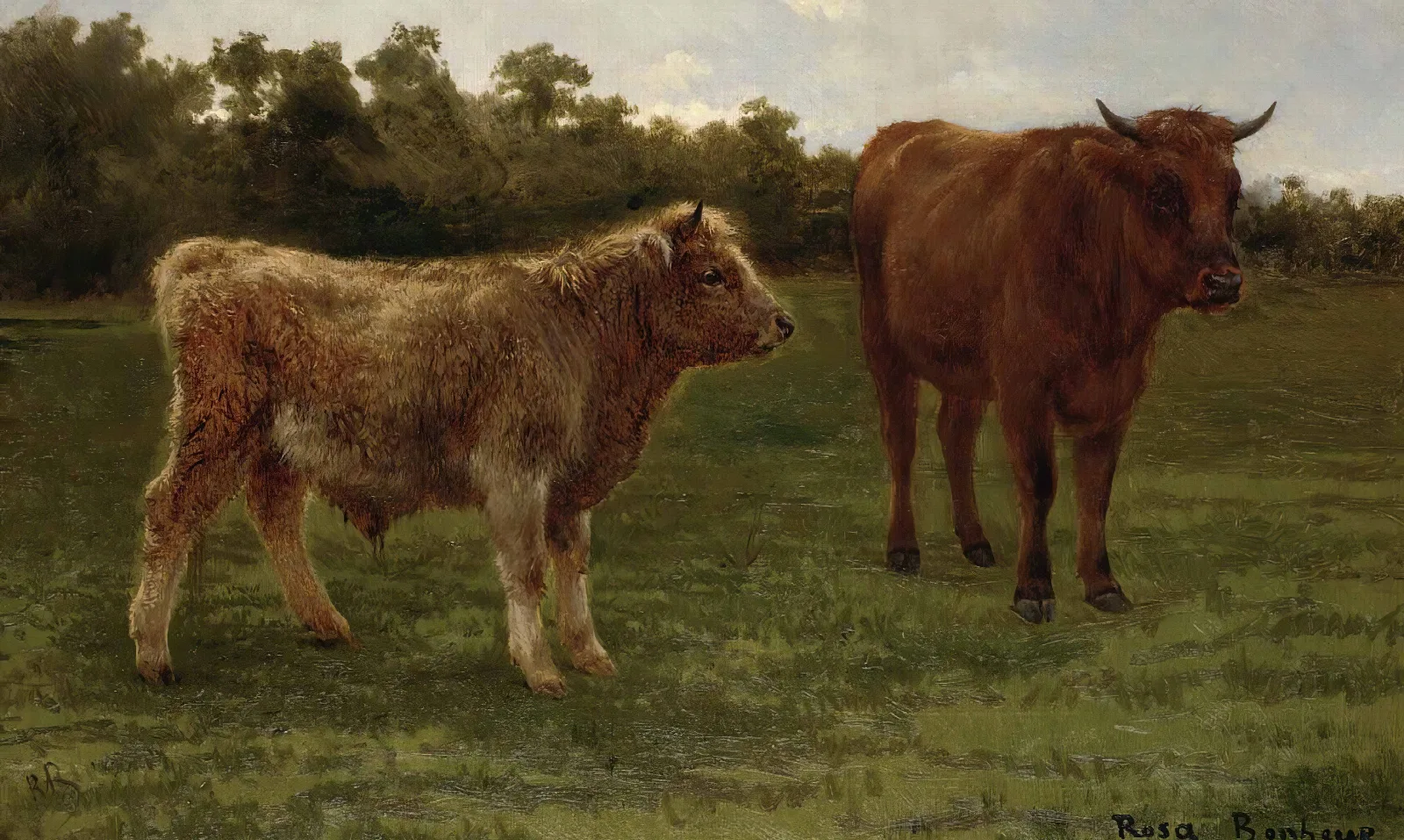 Two Cows Grazing Wall Art by Rosa Bonheur - Canvas Print