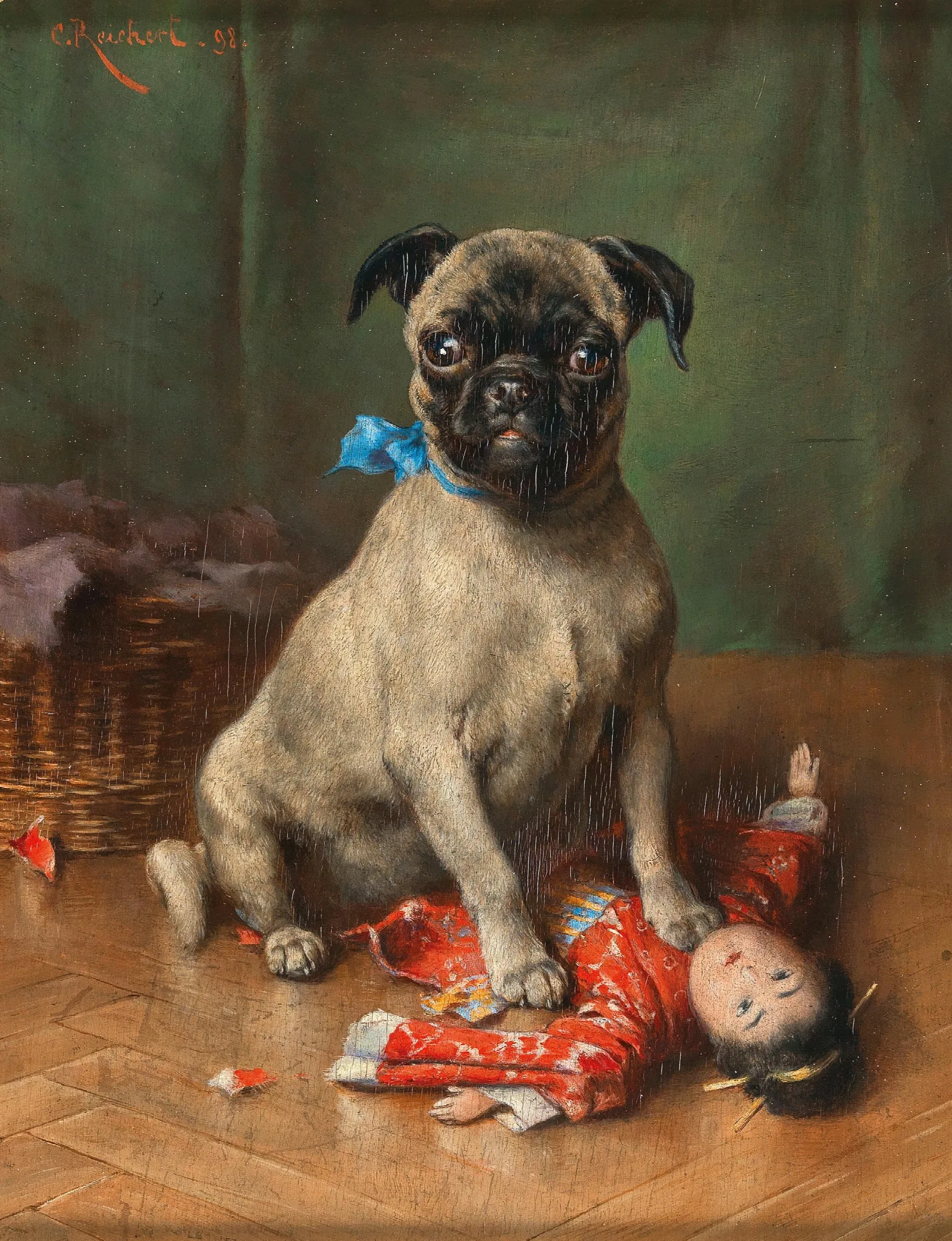 A Pug With A Japanese Doll Wall Art by Carl Reichert - Canvas Print