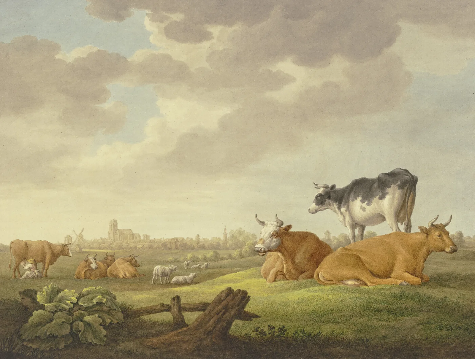 Auf Einer Wiese Kuhe Und Schafe In Der Ferne Eine Stadt Links Eine Melkerin Wall Art by Aelbert Cuyp - Canvas Print