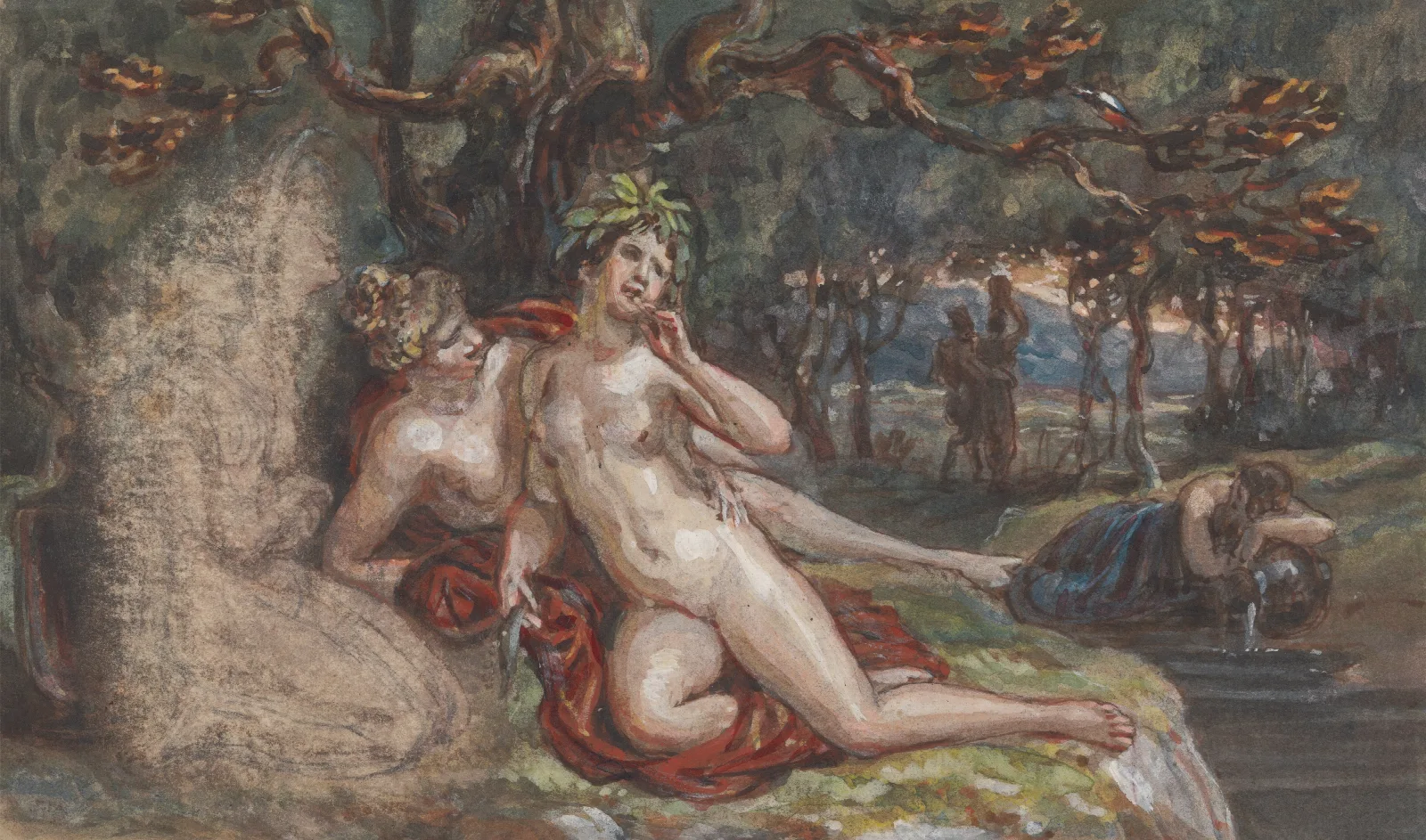 Wooded Scene With A Couple Laying Under A Tree By A Stream Wall Art by Robert Smirke - Canvas Print
