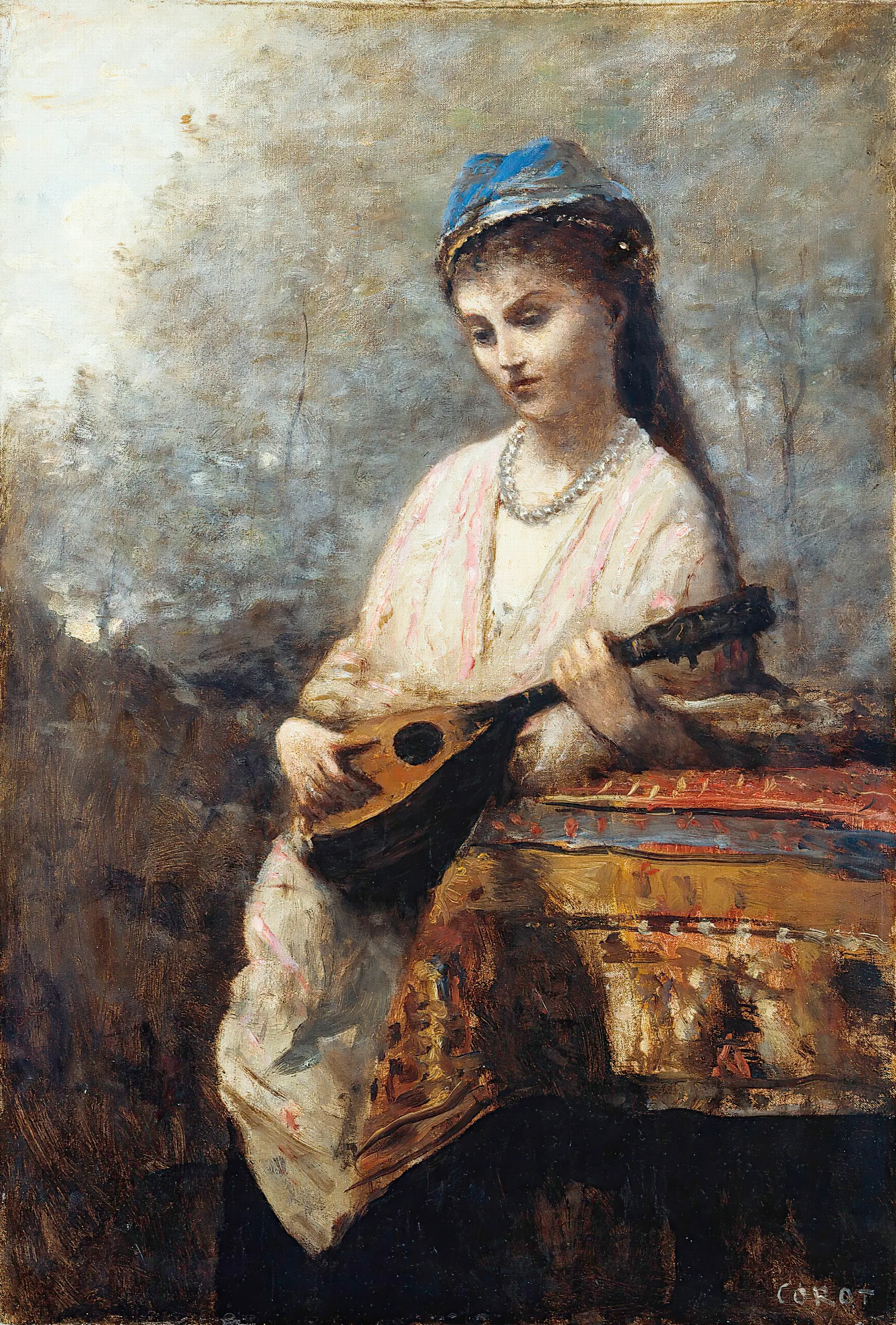 Young Girl With A Mandolin Wall Art by Jean-Baptiste-Camille Corot - Canvas Print