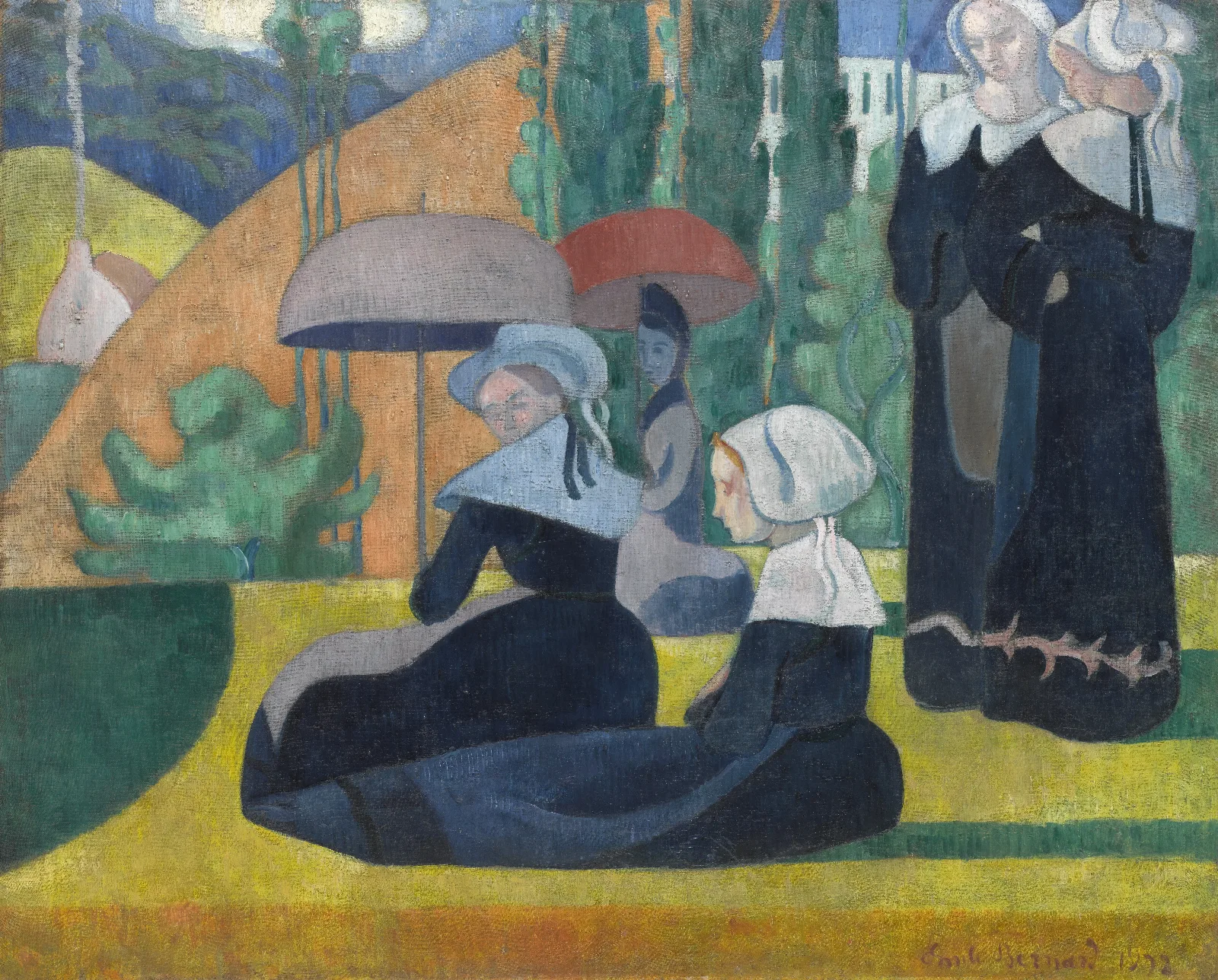 Breton Women With Umbrellas Wall Art by Emile Bernard - Canvas Print