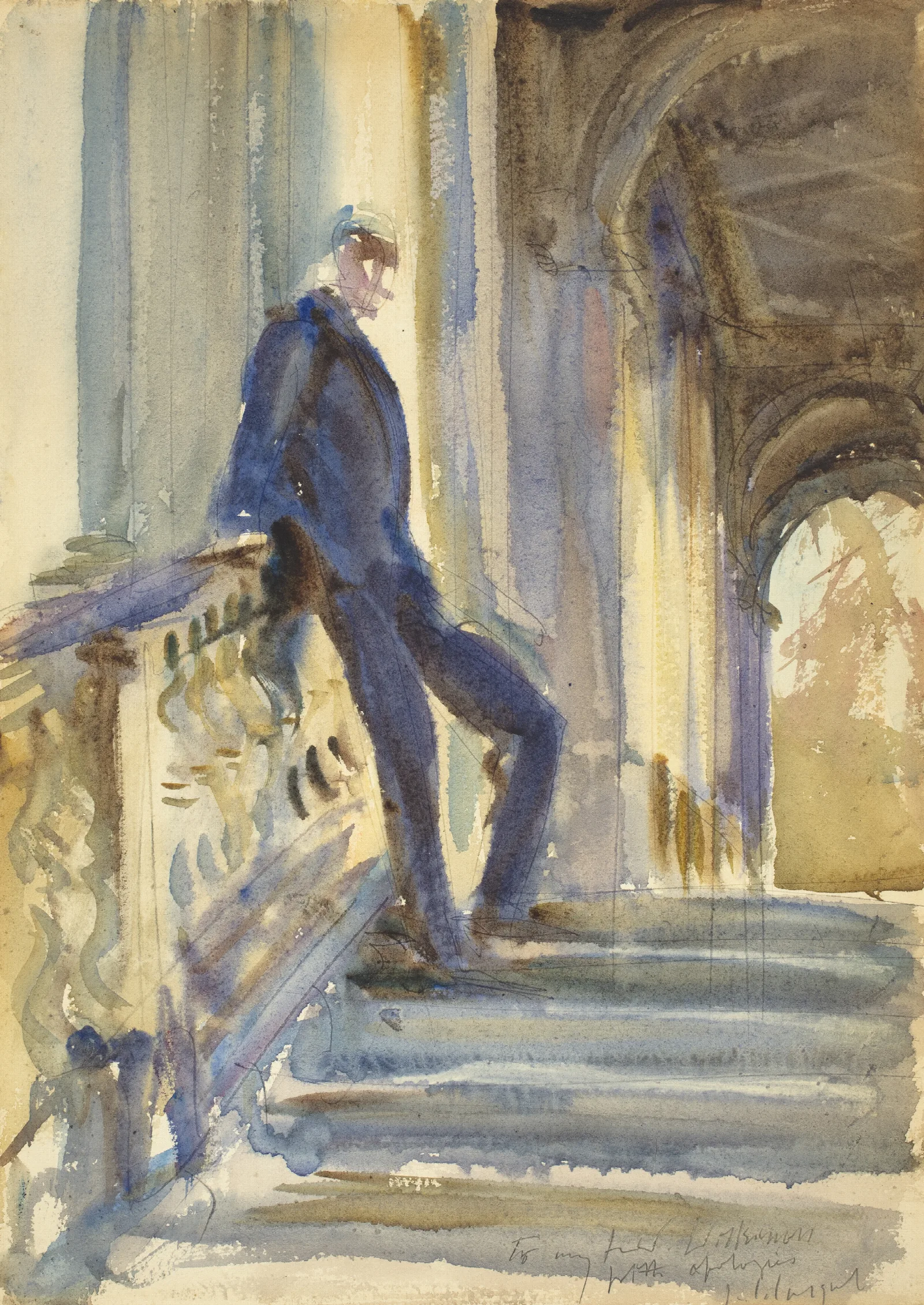 Sir Neville Wilkinson On The Steps Of The Palladian Bridge At Wilton House Wall Art by John Singer Sargent - Canvas Print