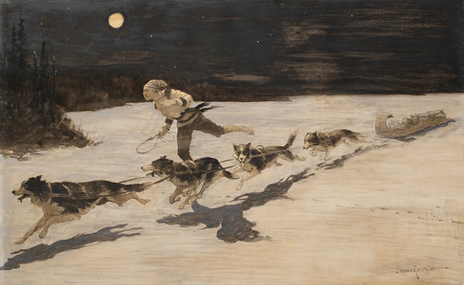 Huskie Dogs On The Frozen Highway Talking Musquash Wall Art by Frederic Remington - Canvas Print