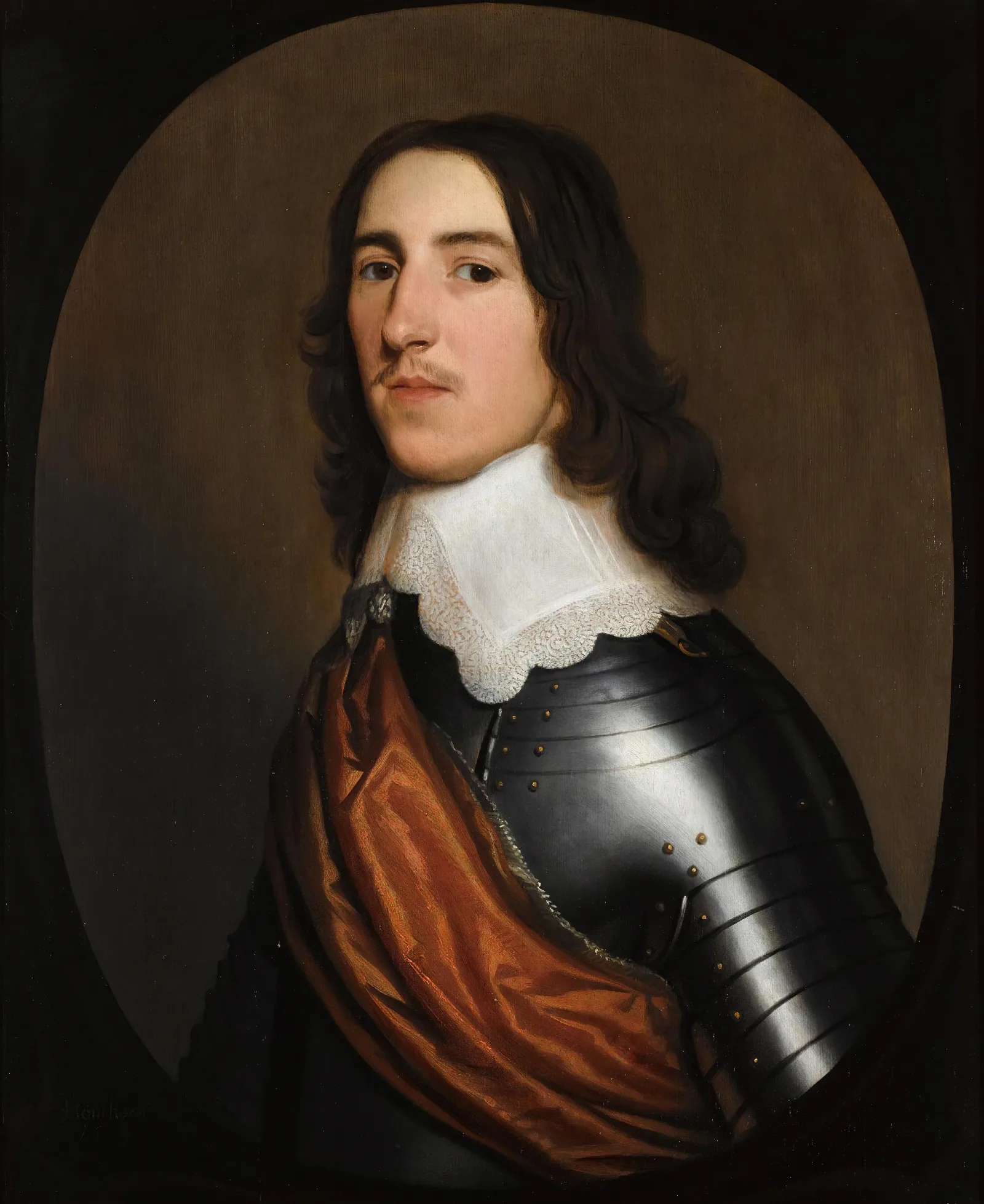 A Portrait Of A Gentleman Half Length Believed To Be Sir Thomas Ogle Wearing A Suit Of Armour With A White Collar And An Orange Sash Wall Art by Gerard van Honthorst - Canvas Print