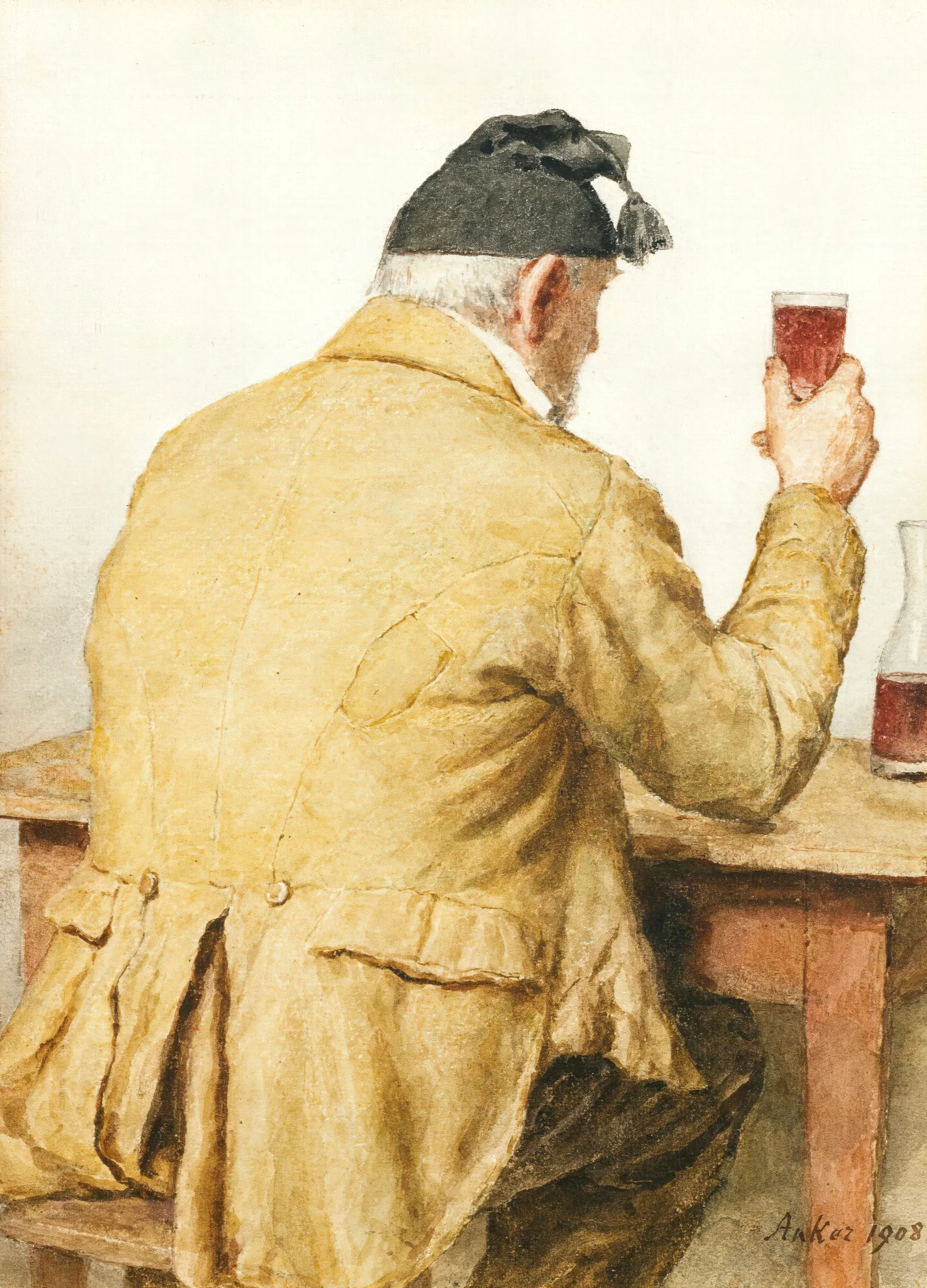 Old Man Sitting At Table Shown From Behind Wall Art by Albert Anker - Canvas Print