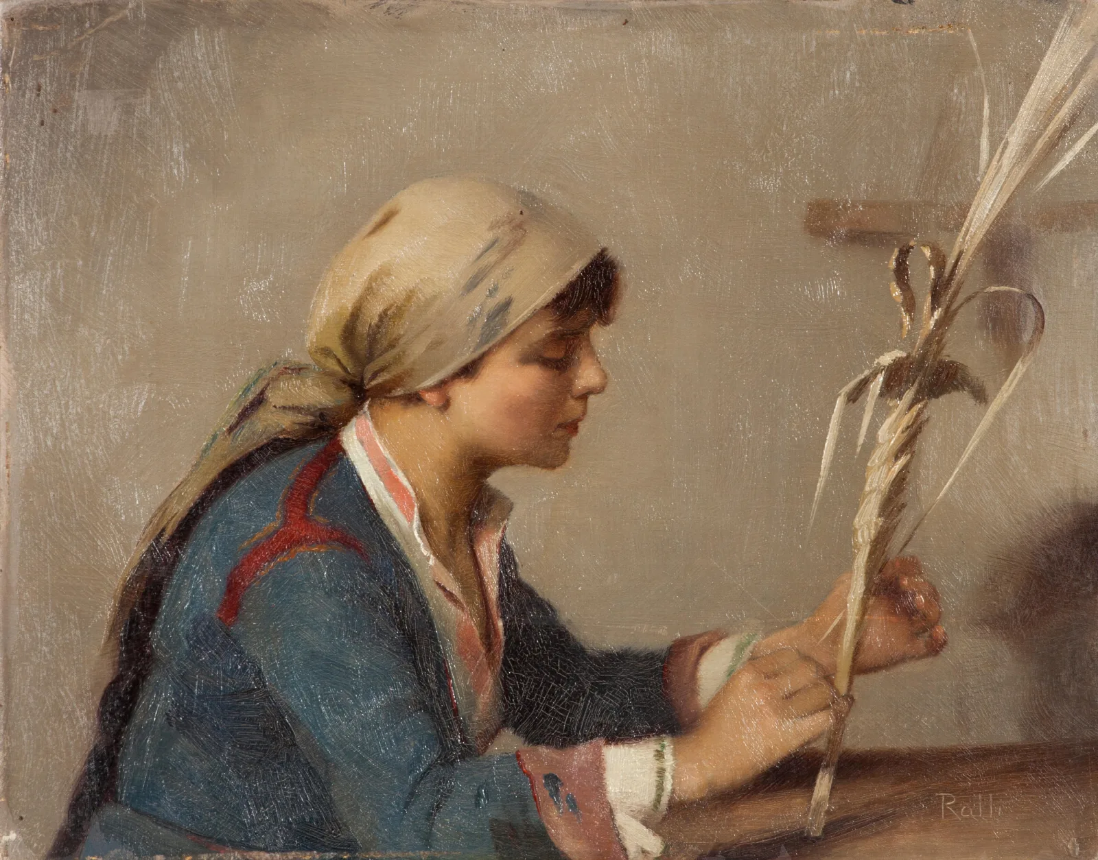 Young Girl Weaving Willow Branches Wall Art by Theodoros Ralli - Canvas Print