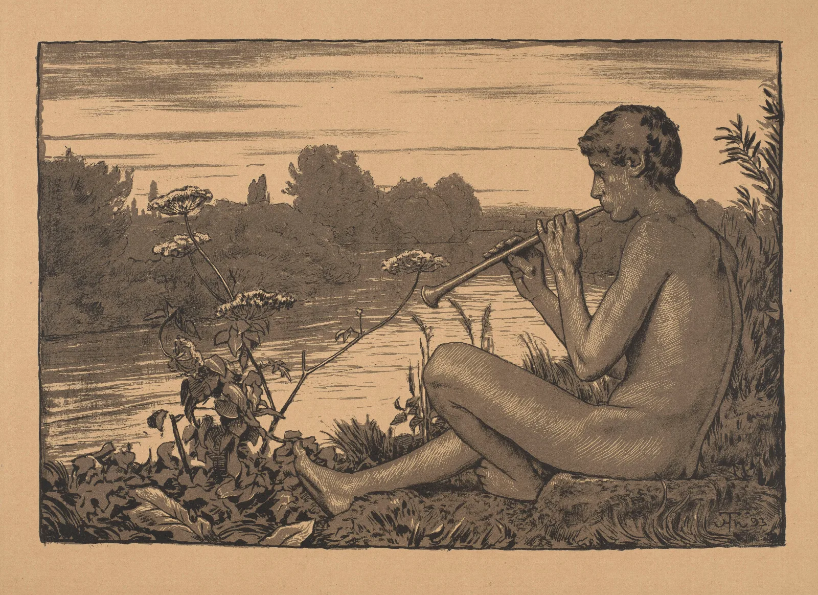 Faun Playing The Flute Wall Art by Hans Thoma - Canvas Print