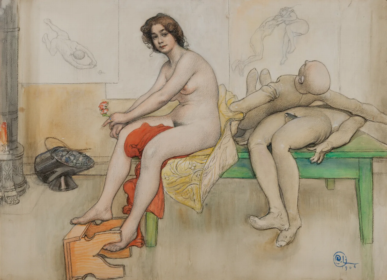 The Model And The Mannequins Wall Art by Carl Larsson - Canvas Print