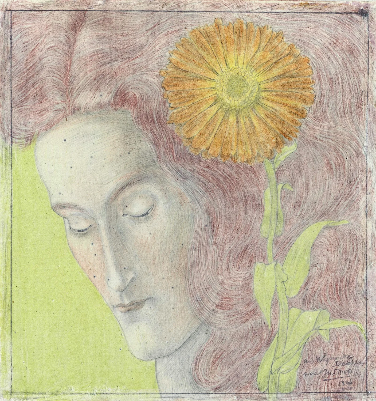 Vrouwenkop Met Rossig Haar En Chrysant Wall Art by Jan Toorop - Canvas Print
