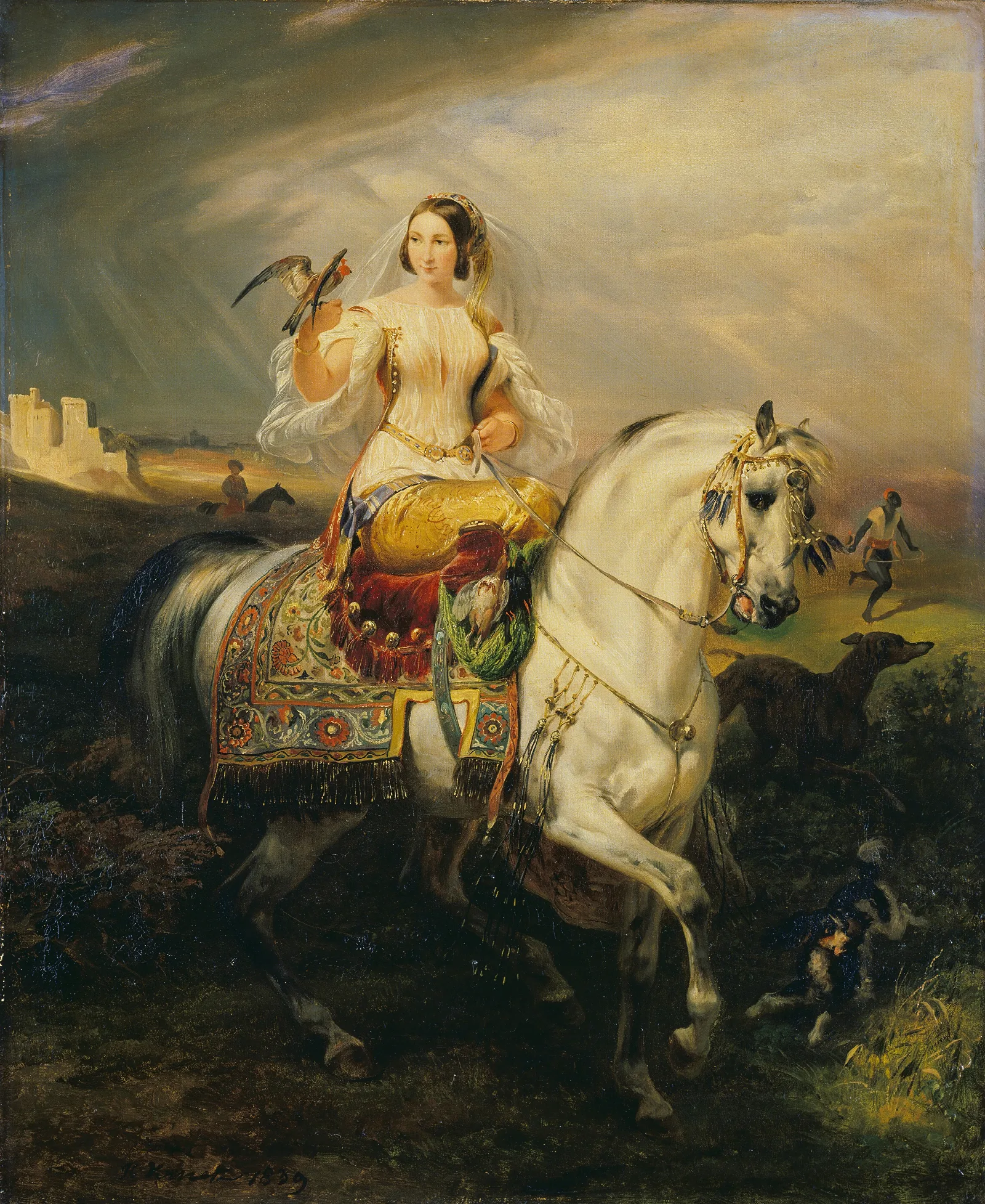 An Algerian Lady Hawking Wall Art by Horace Vernet - Canvas Print