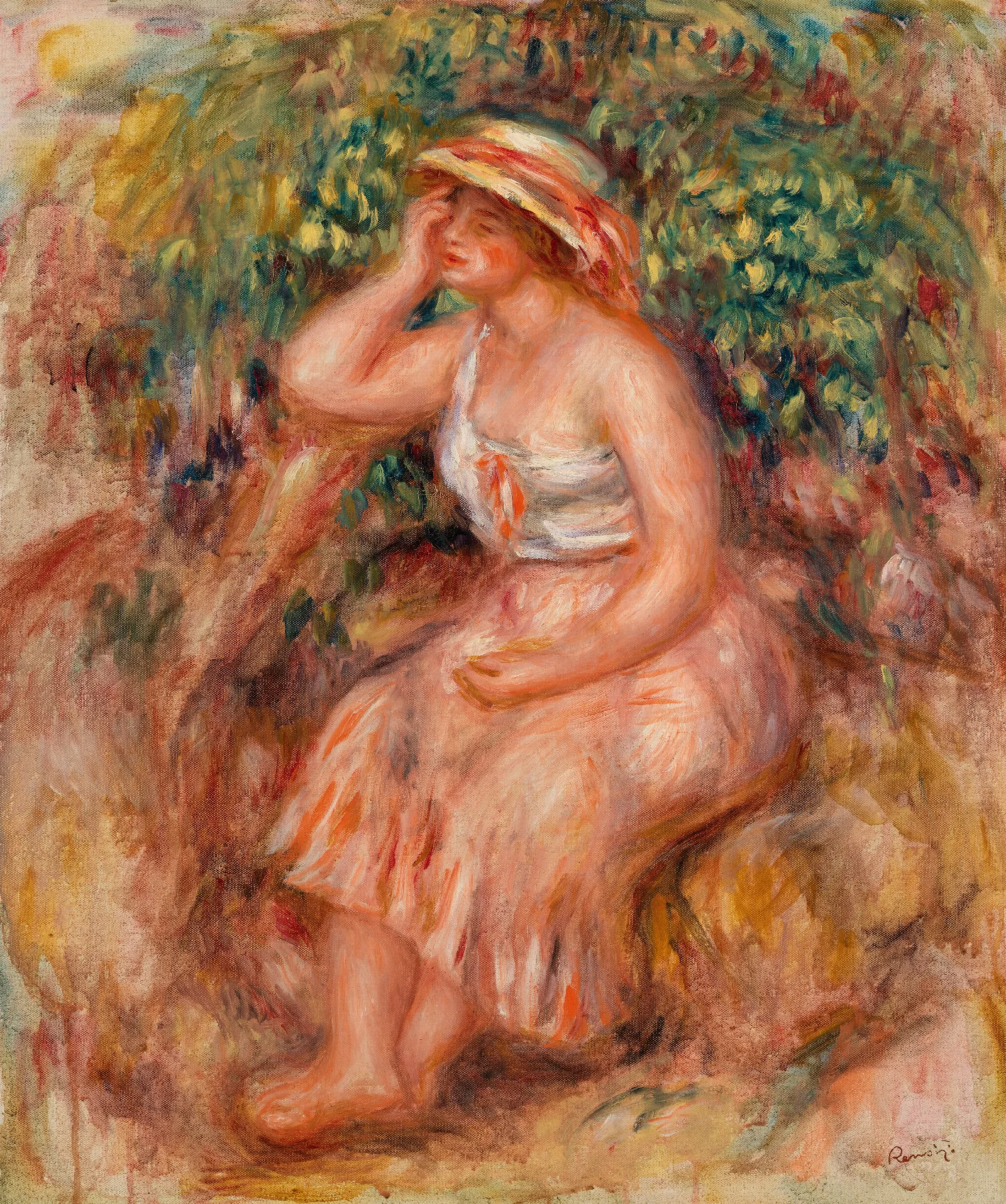 Woman Daydreaming Reveuse Wall Art by Pierre-Auguste Renoir - Canvas Print