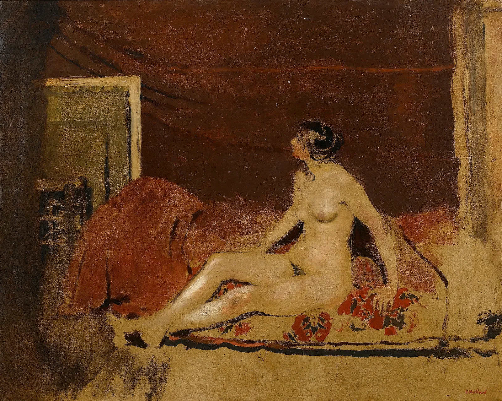 Nude On A Blanket With A Red Floral Pattern Wall Art by Édouard Vuillard - Canvas Print