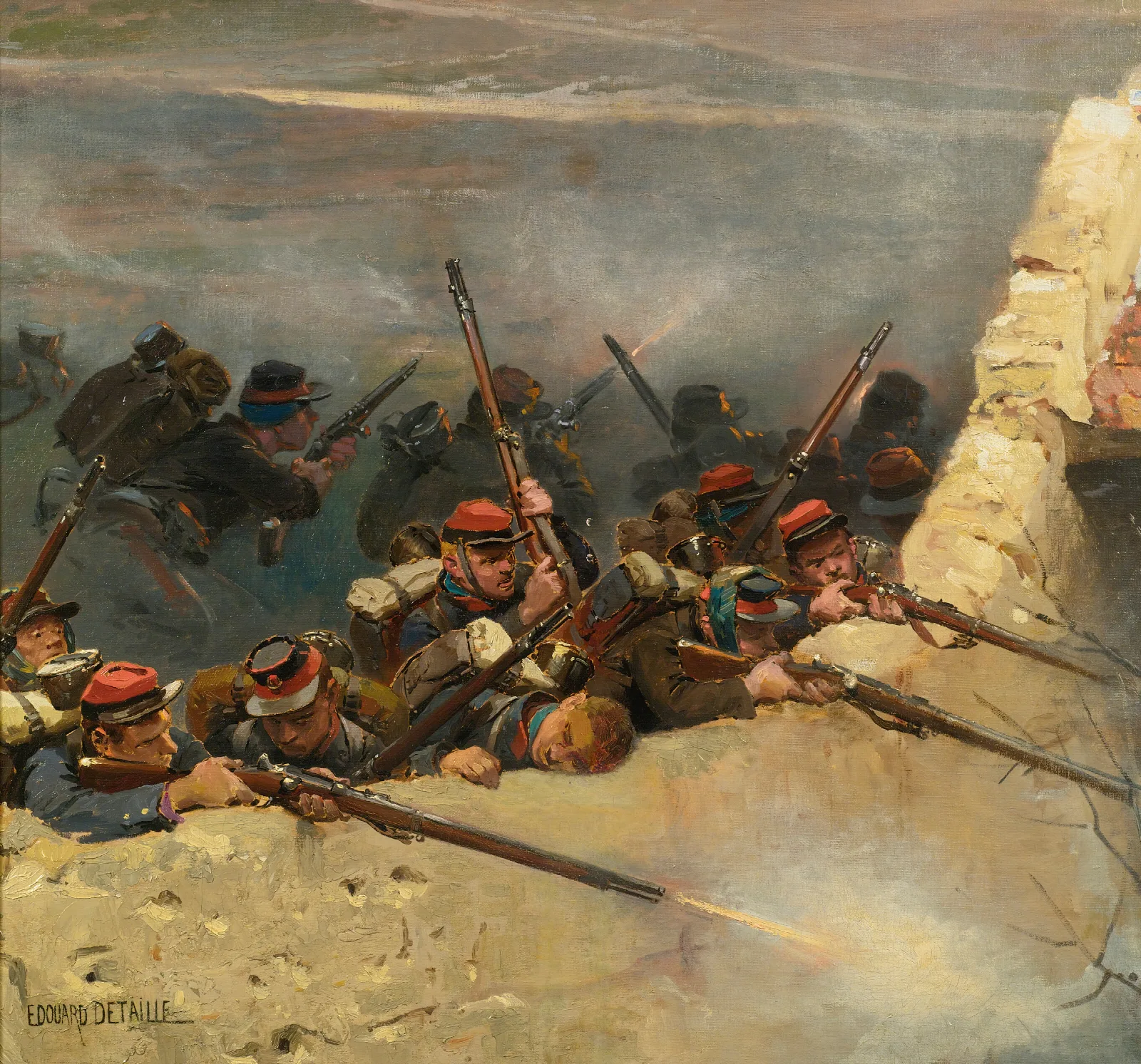 Embusques Derriere Un Mur Fantassins De La Ligne A Fragment From The Panorama Of The Battle Of Champigny Wall Art by Jean-Baptiste Édouard Detaille - Canvas Print